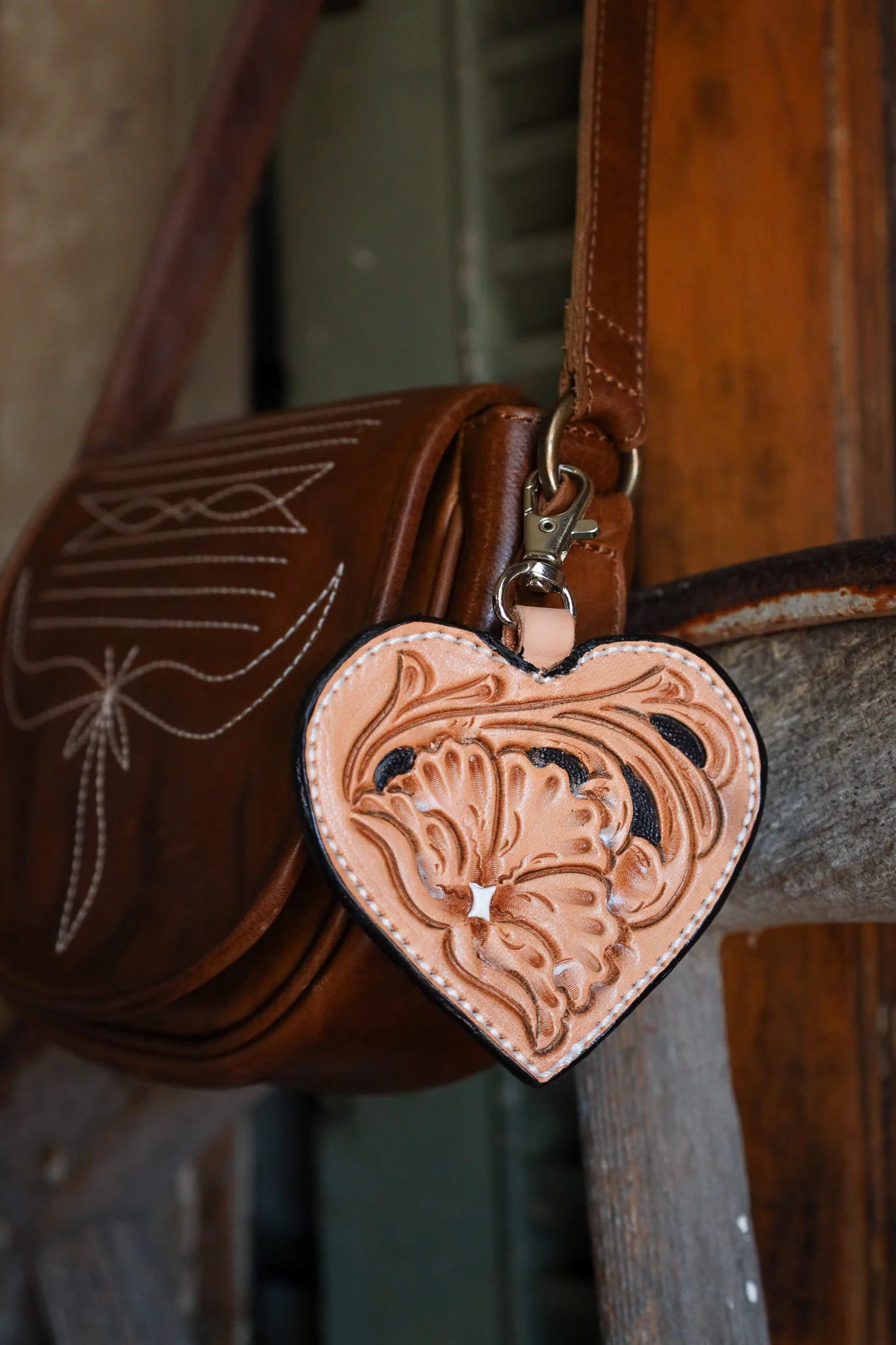JRW Leather Heart With Flowers And Scrolls Bag Charm - Image 3