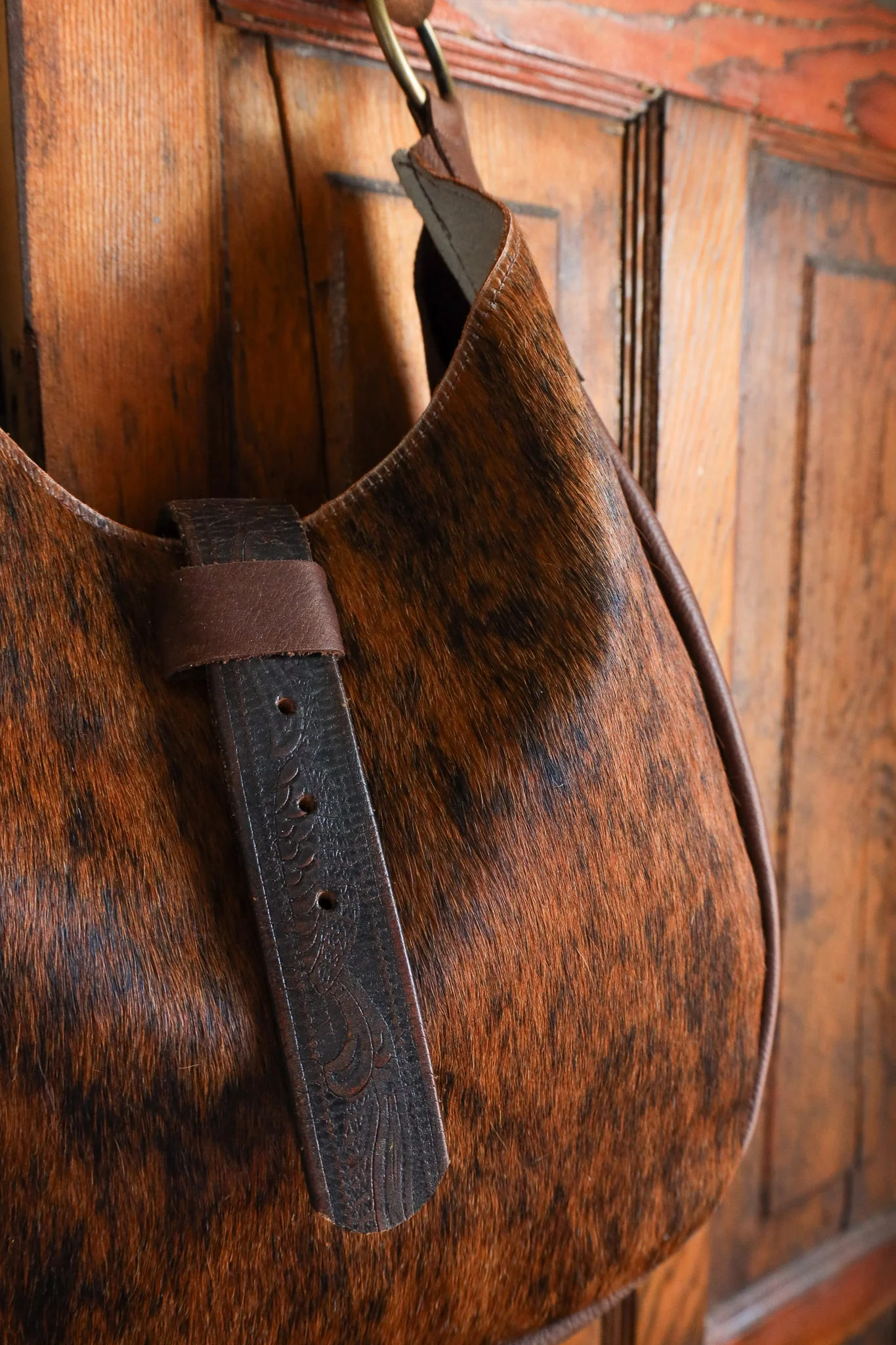 Two Bar West Hair on Hide Brindle Vintage Strap Bag - Image 5