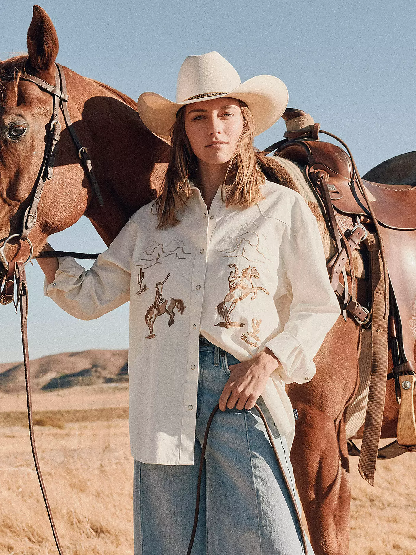 Wrangler Embroidered Boyfriend Western Snap Denim Shirt - Image 3