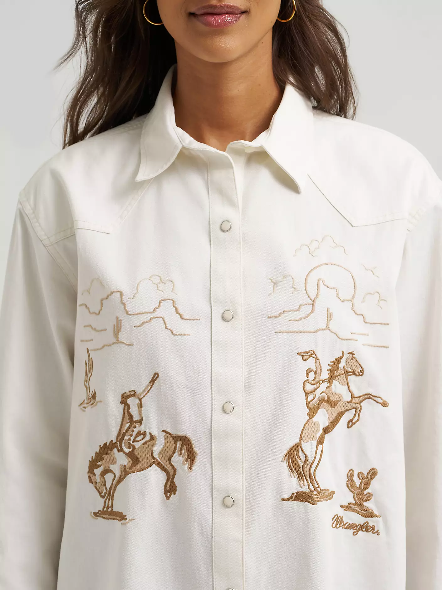Wrangler Embroidered Boyfriend Western Snap Denim Shirt - Image 5