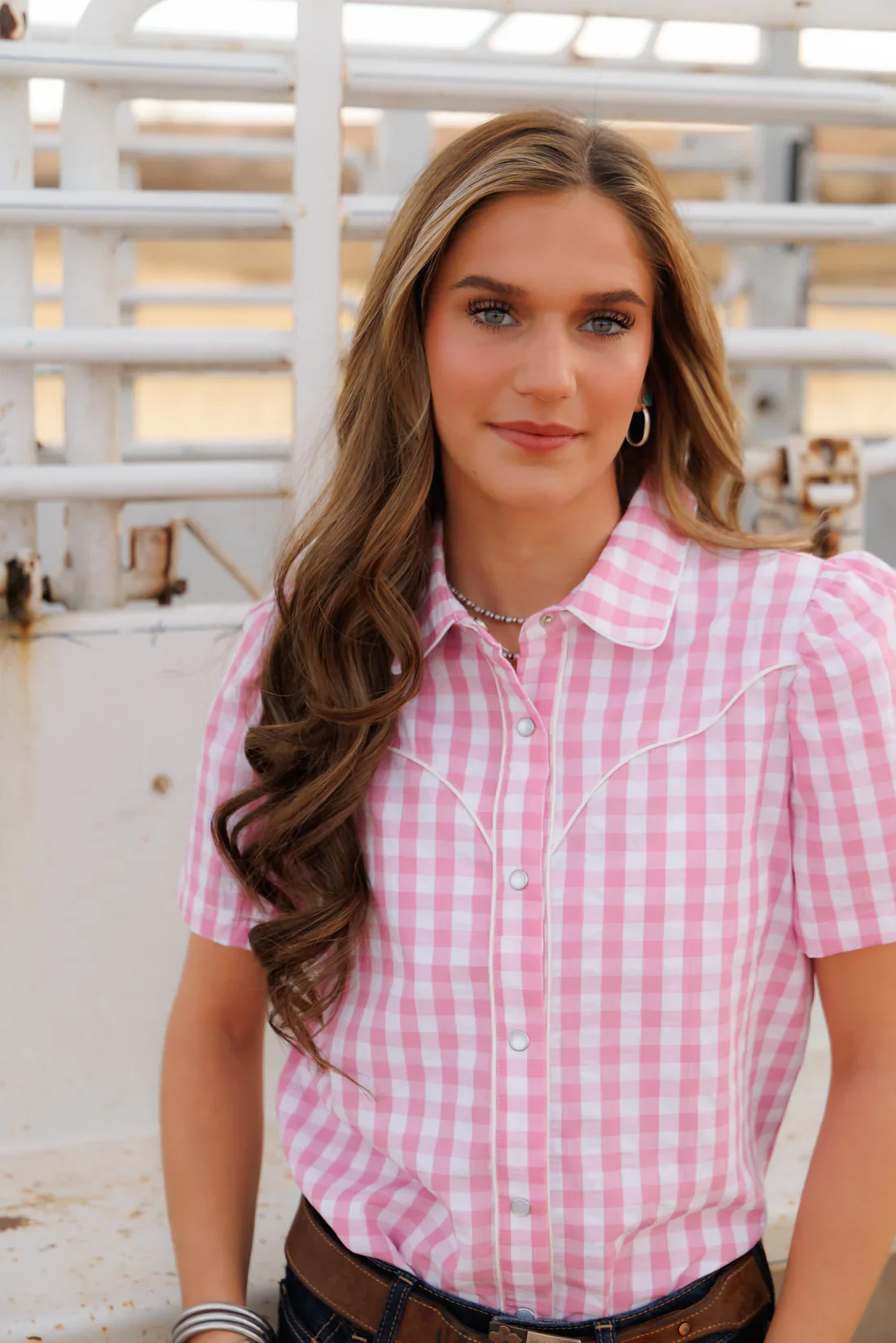 Howdy Hanny Pink Gingham Toke Pearl Snap Blouse - Image 3