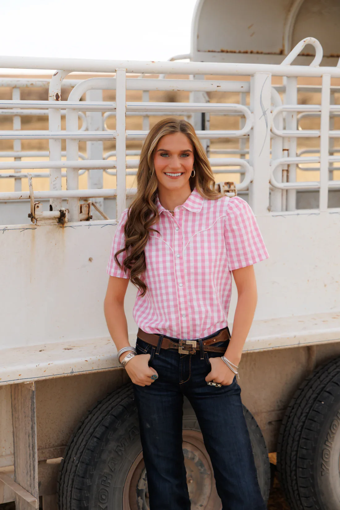 Howdy Hanny Pink Gingham Toke Pearl Snap Blouse - Image 6