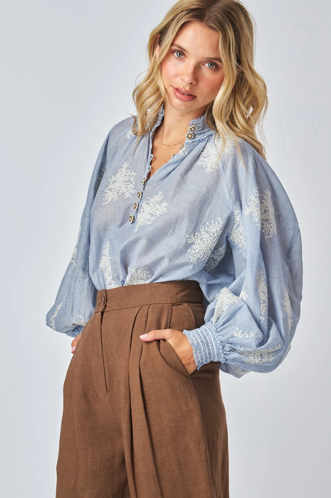 YNAKIM MADISON SMOCK STRIPE LONG SLEEVE BLOUSE - Image 3