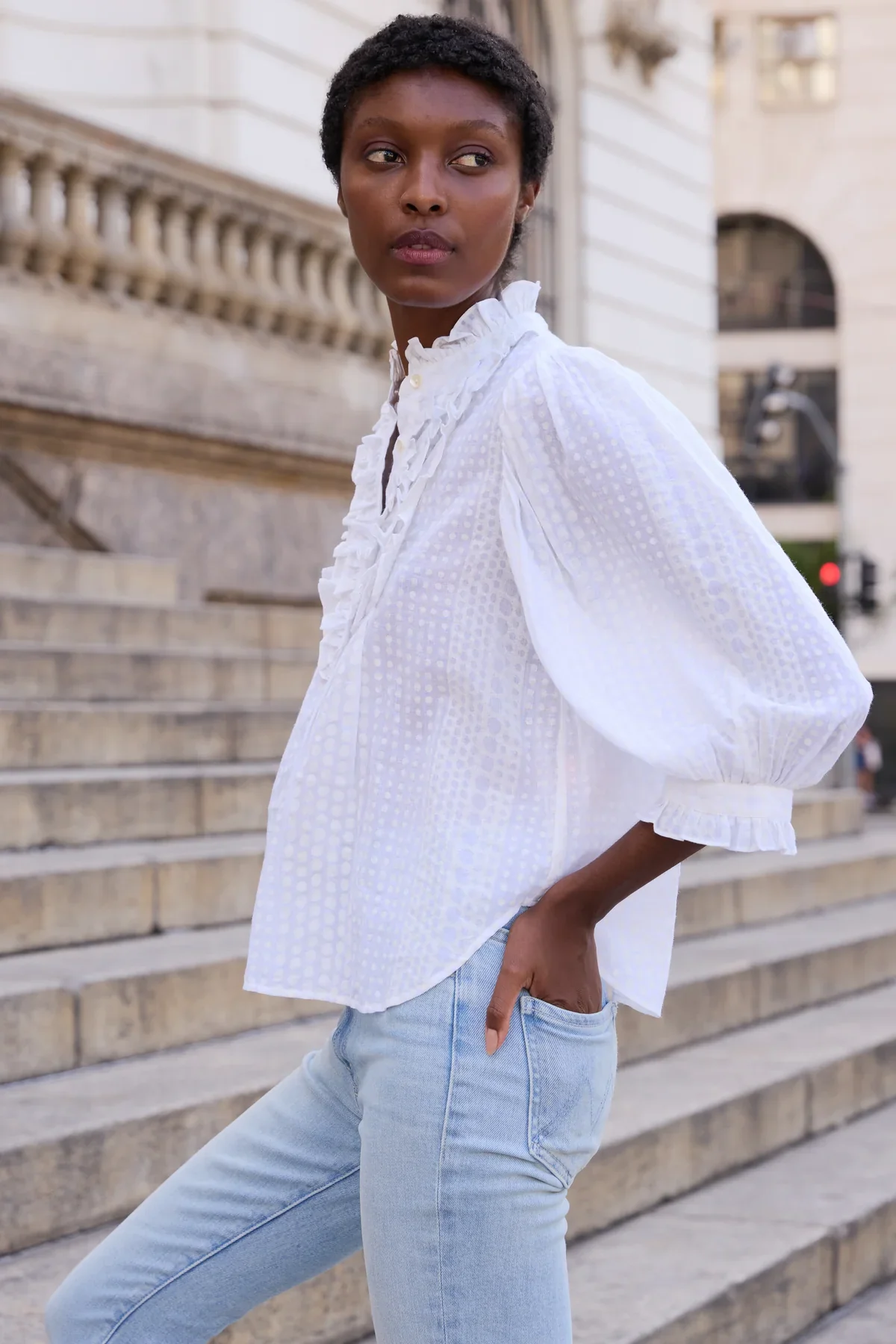 OLIPHANTDESIGN Ruffle Front Button Blouse- Domino White