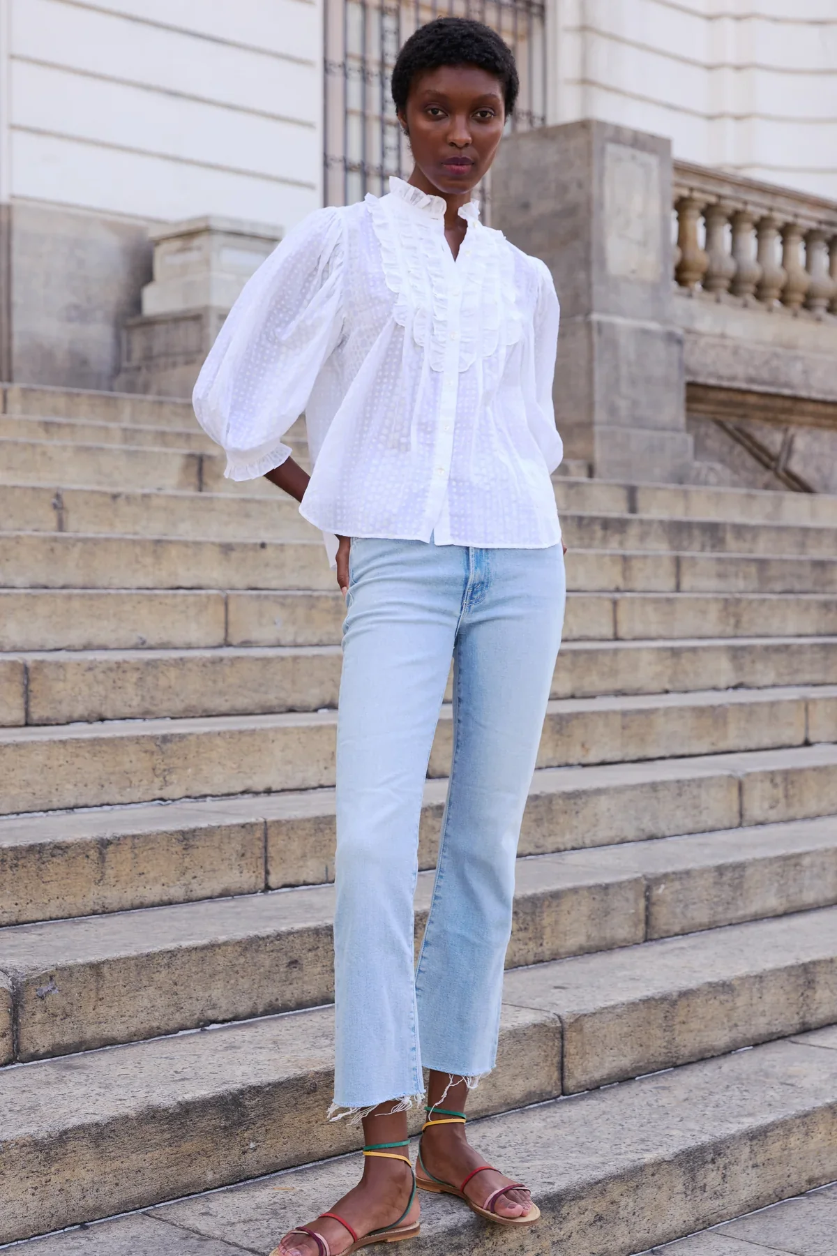 OLIPHANTDESIGN Ruffle Front Button Blouse- Domino White - Image 2
