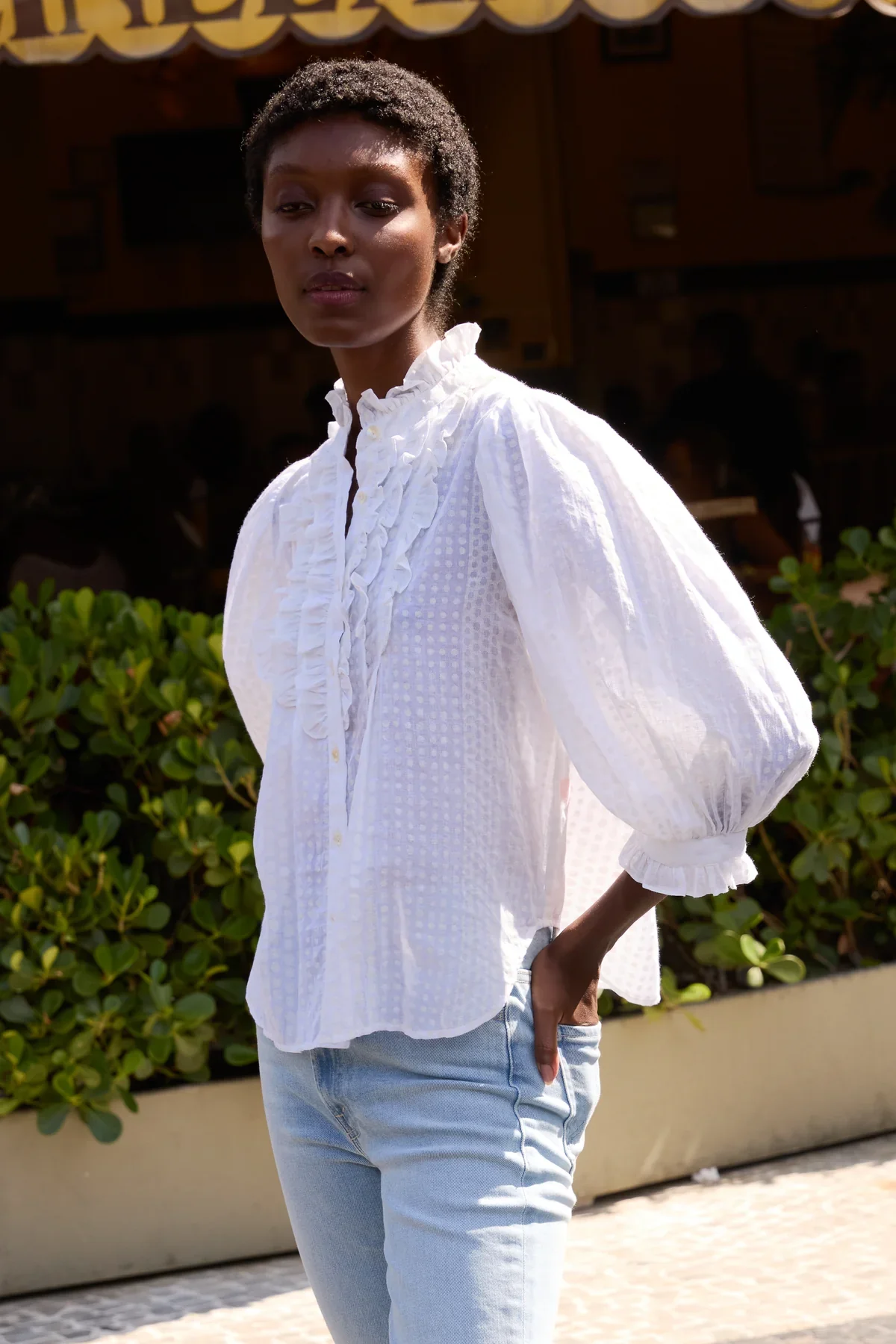 OLIPHANTDESIGN Ruffle Front Button Blouse- Domino White - Image 3