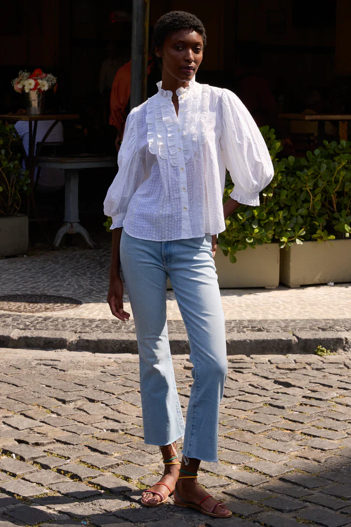 OLIPHANTDESIGN Ruffle Front Button Blouse- Domino White - Image 4