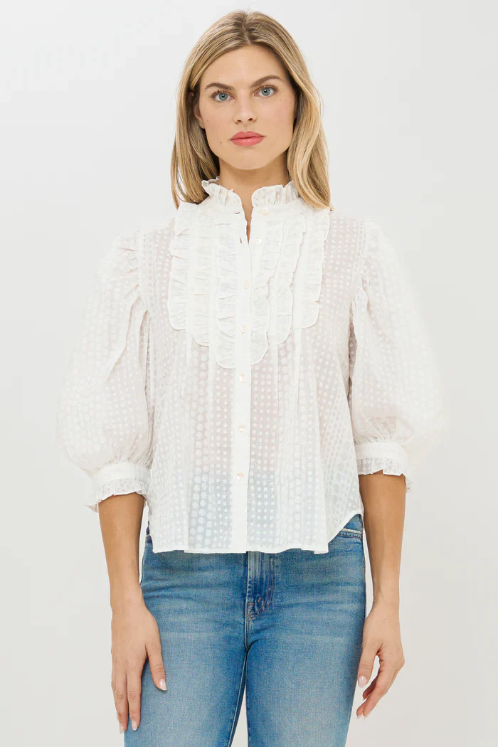 OLIPHANTDESIGN Ruffle Front Button Blouse- Domino White - Image 6