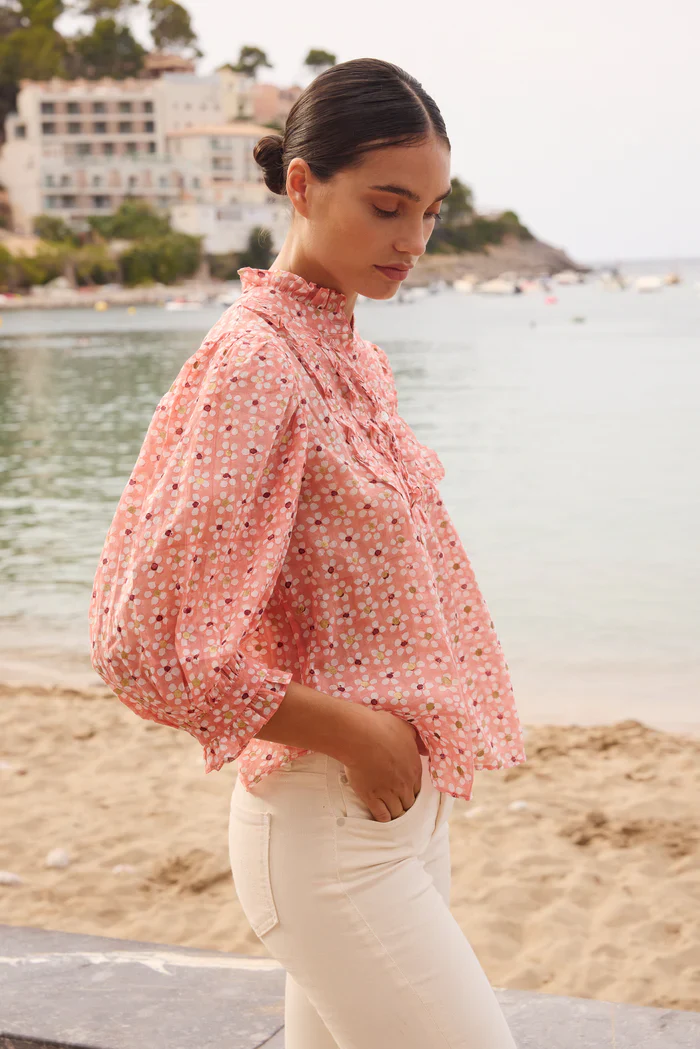 OLIPHANT Ruffle Front Button Blouse- Aster Pink - Image 3