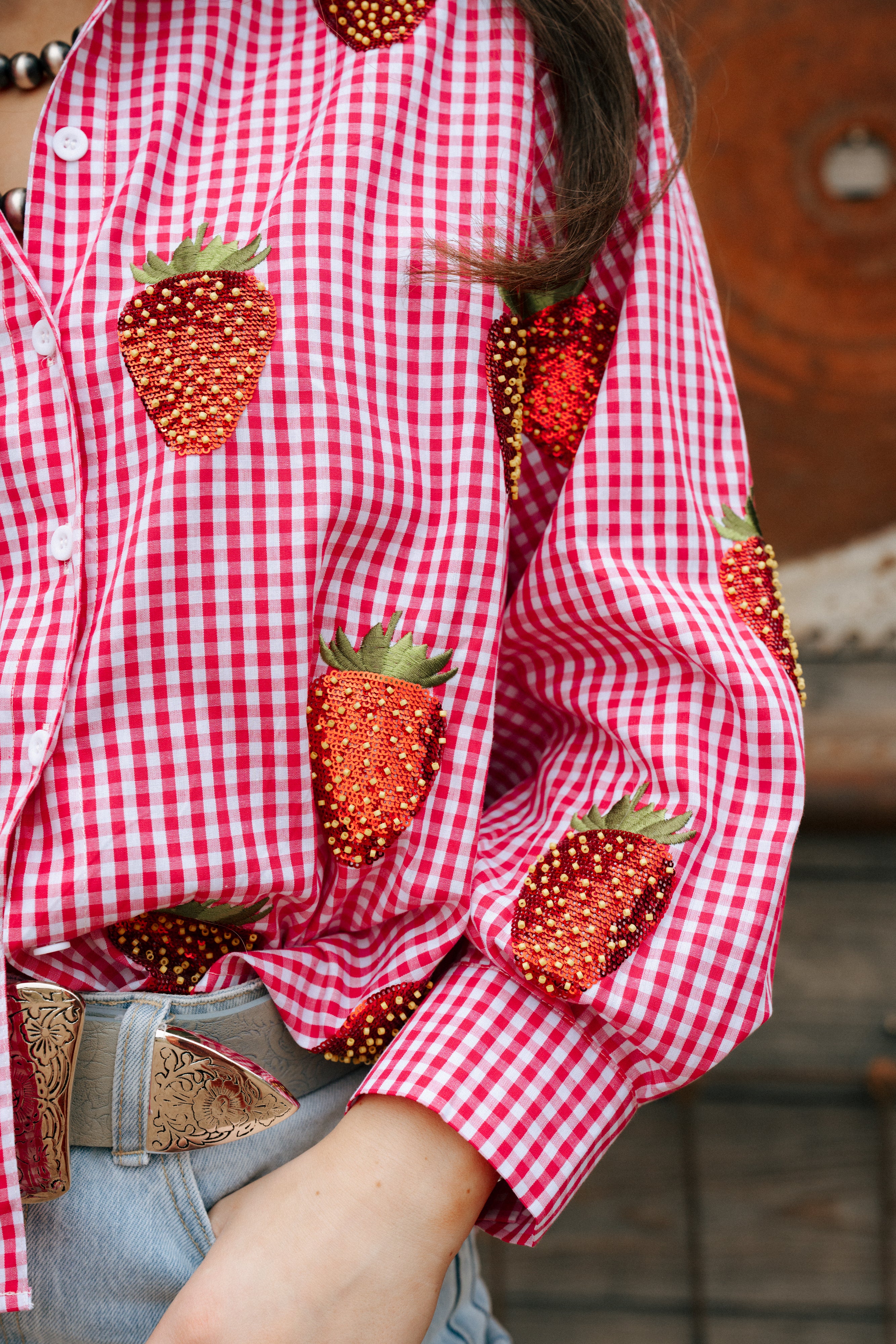 Queen Of Sparkles Strawberry Gingham Blouse - Image 3