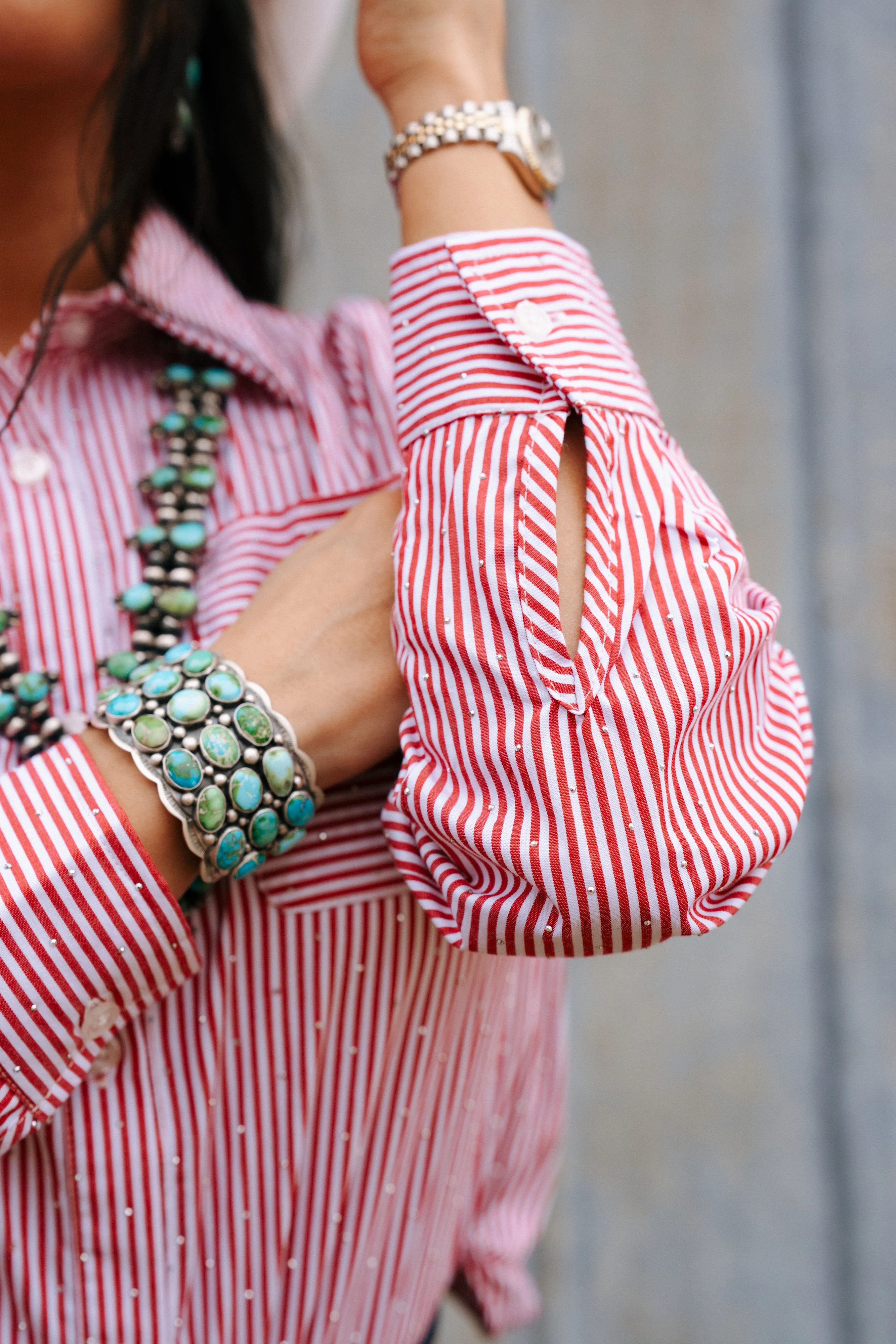 Dolce Cabo Micro Sequin Stripe Blouse- Red - Image 4