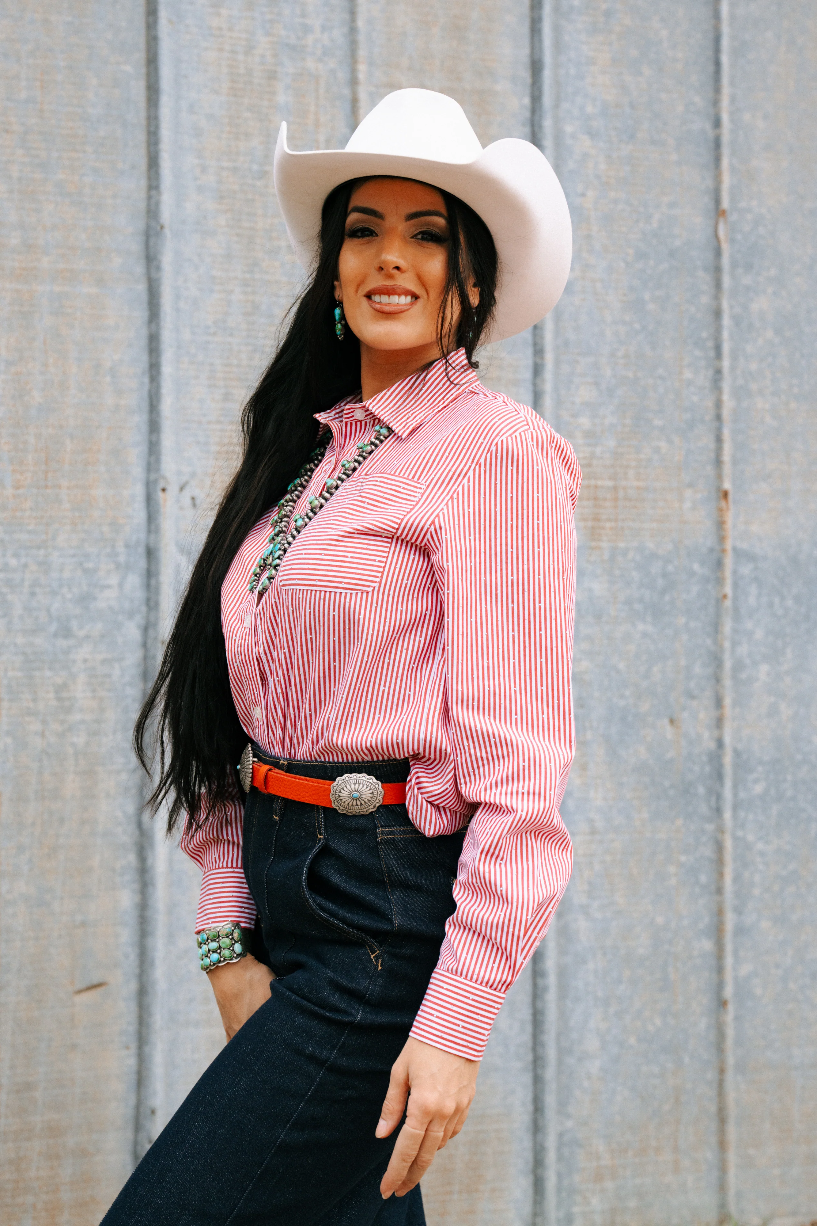 Dolce Cabo Micro Sequin Stripe Blouse- Red - Image 5