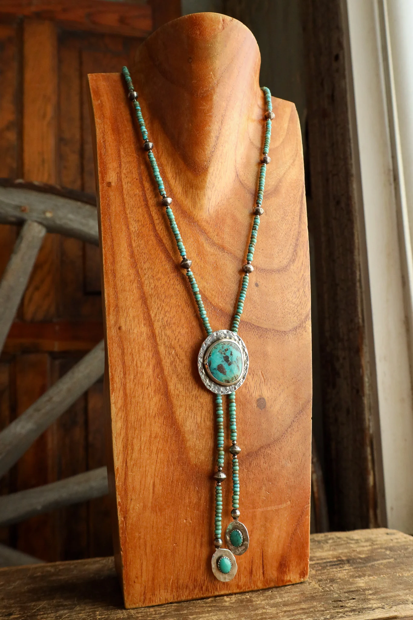 Richard Schmidt Turquoise Bead With Oval Turquoise Disc Bolo - Image 2