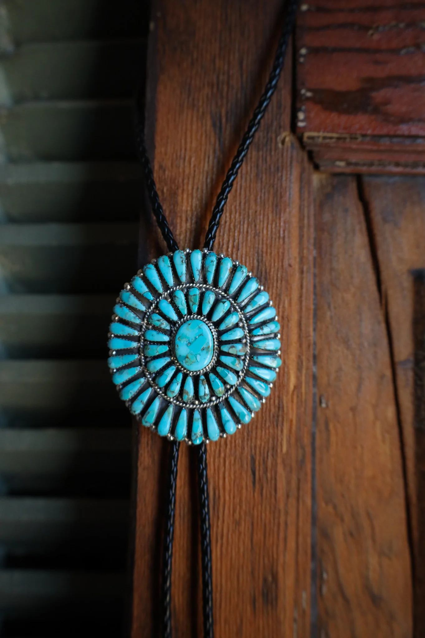 Turquoise Teardrops Circles Black Leather Bolo - Image 2