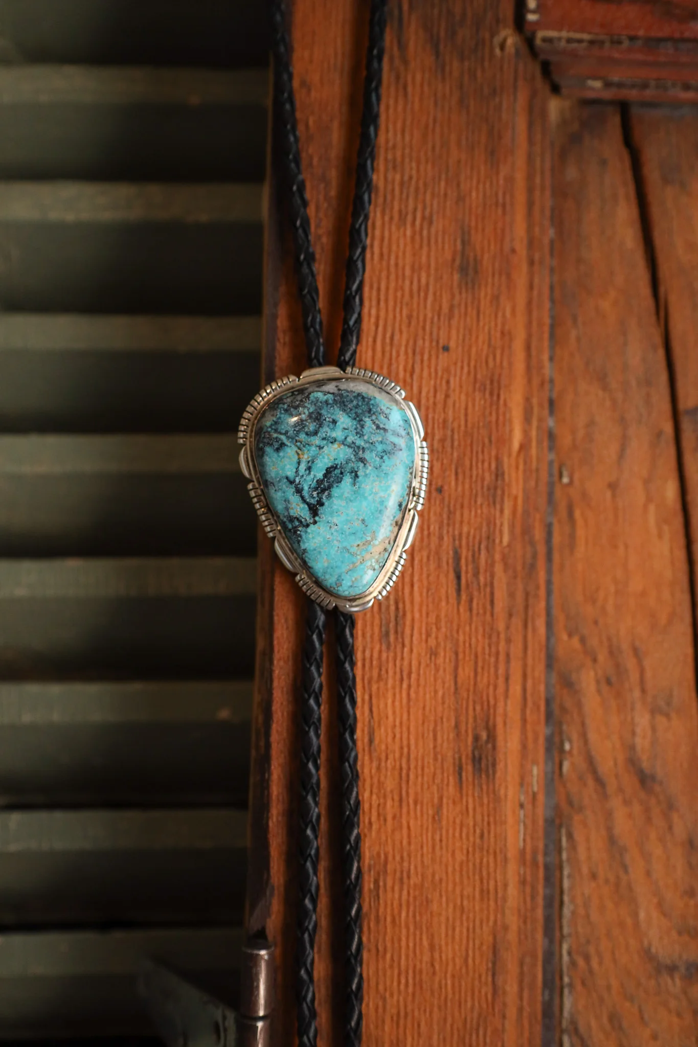 Extra Large Turquoise Triangle Black Leather Bolo - Image 2