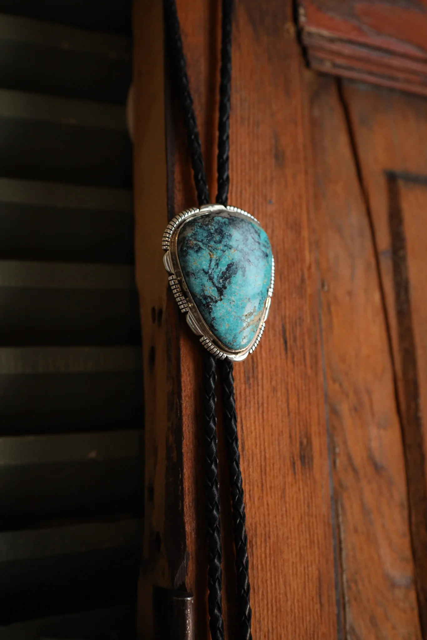 Extra Large Turquoise Triangle Black Leather Bolo - Image 4