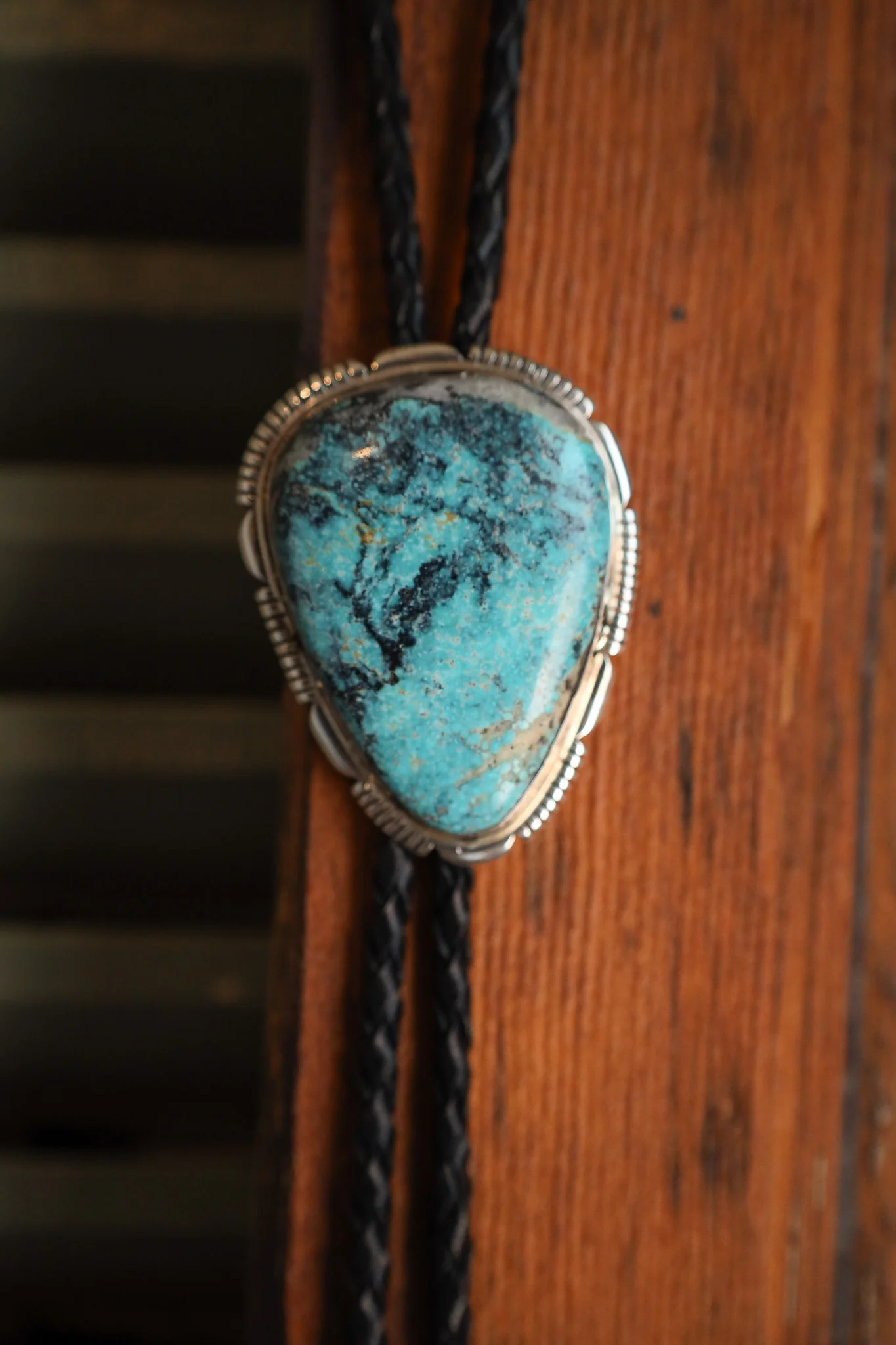 Extra Large Turquoise Triangle Black Leather Bolo - Image 5