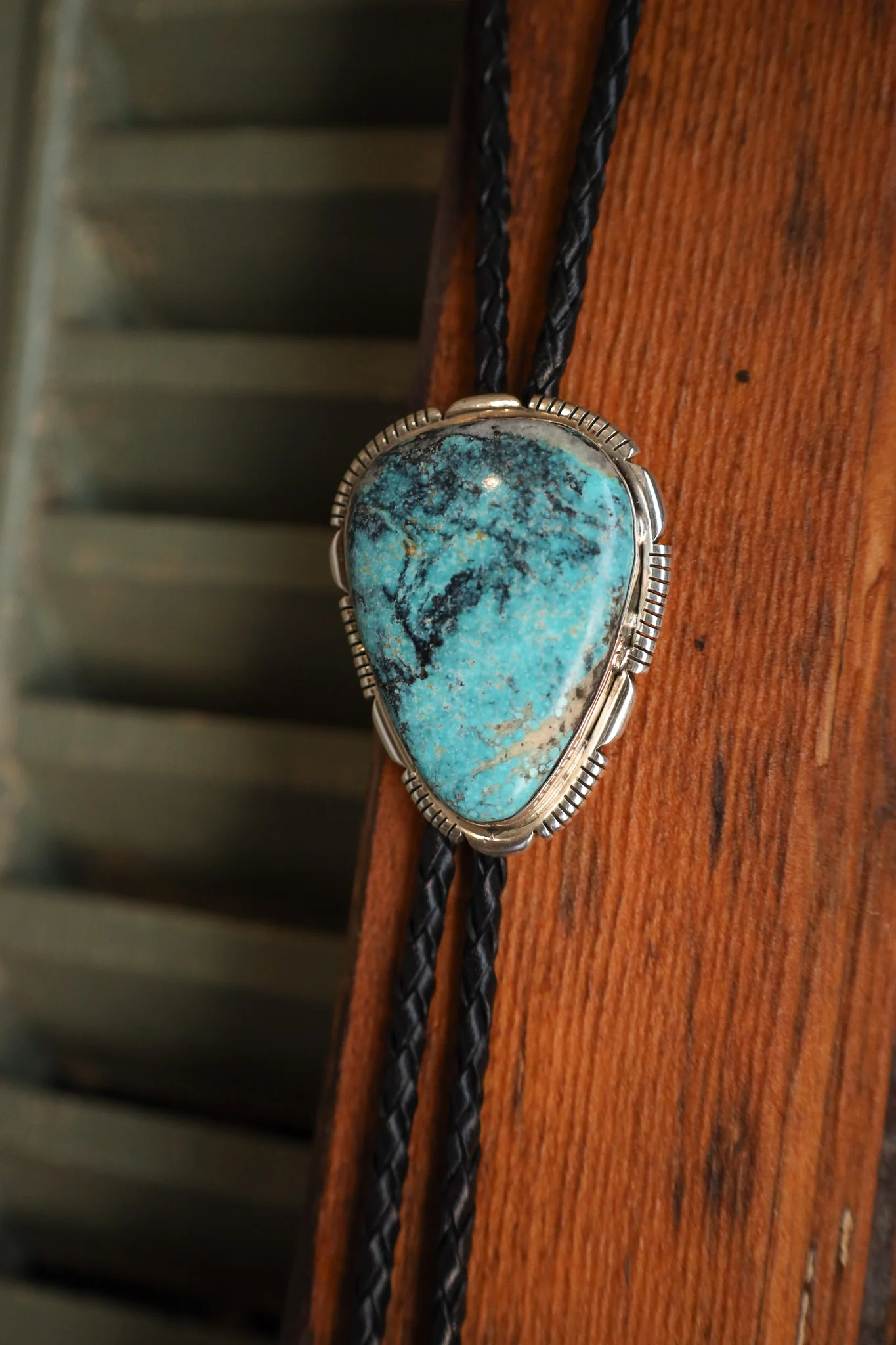 Extra Large Turquoise Triangle Black Leather Bolo - Image 6