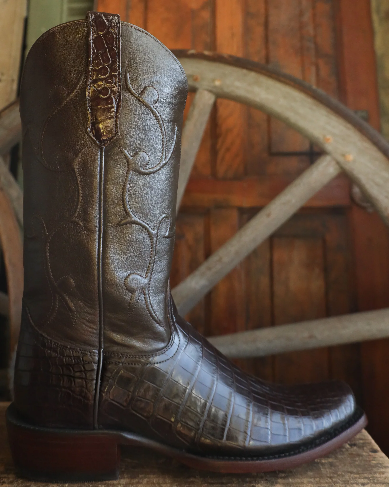 R. Watson Men's Chocolate Nile Crocodile Narrow Square Toe 13" Boot