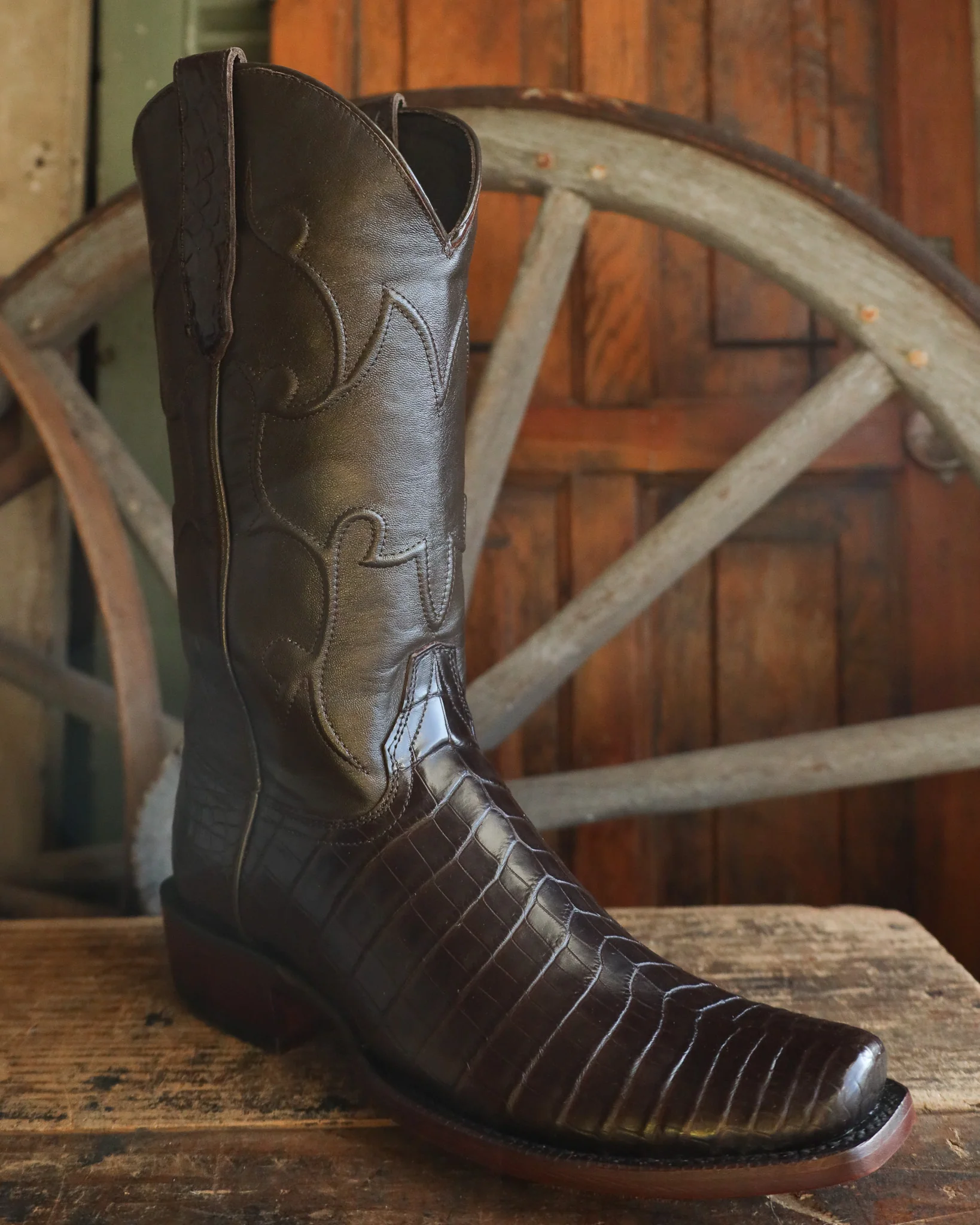 R. Watson Men's Chocolate Nile Crocodile Narrow Square Toe 13" Boot - Image 2