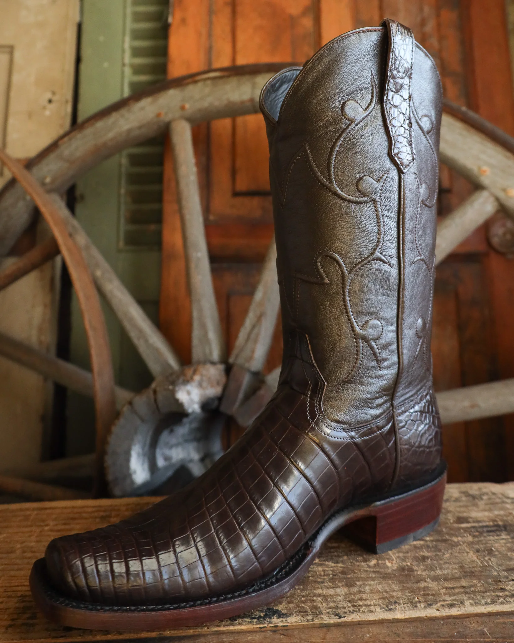 R. Watson Men's Chocolate Nile Crocodile Narrow Square Toe 13" Boot - Image 5