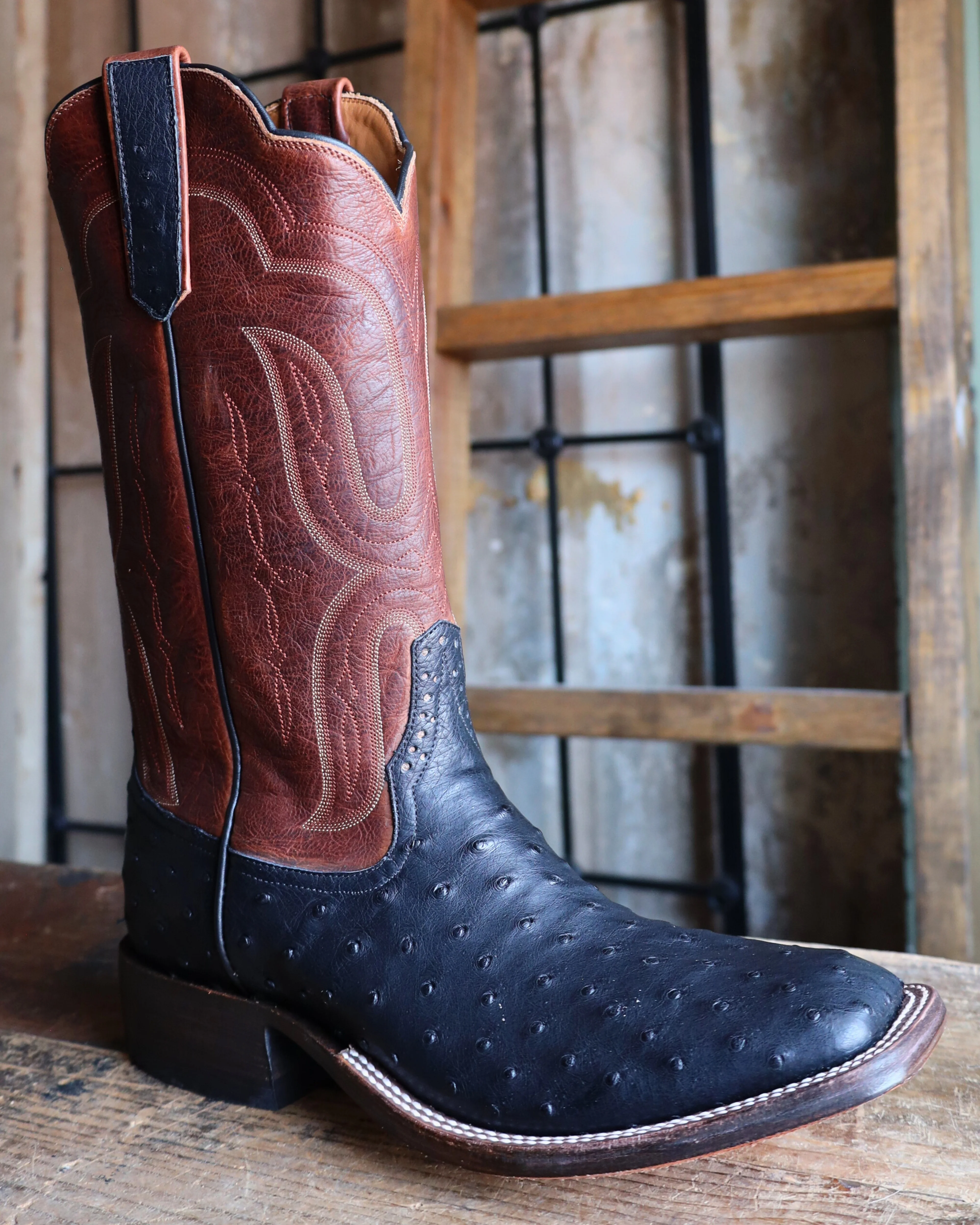 RIOS OF MERCEDES MEN'S FULL QUILL OSTRICH BLACK AND BROWN 13" BOOT - Image 2
