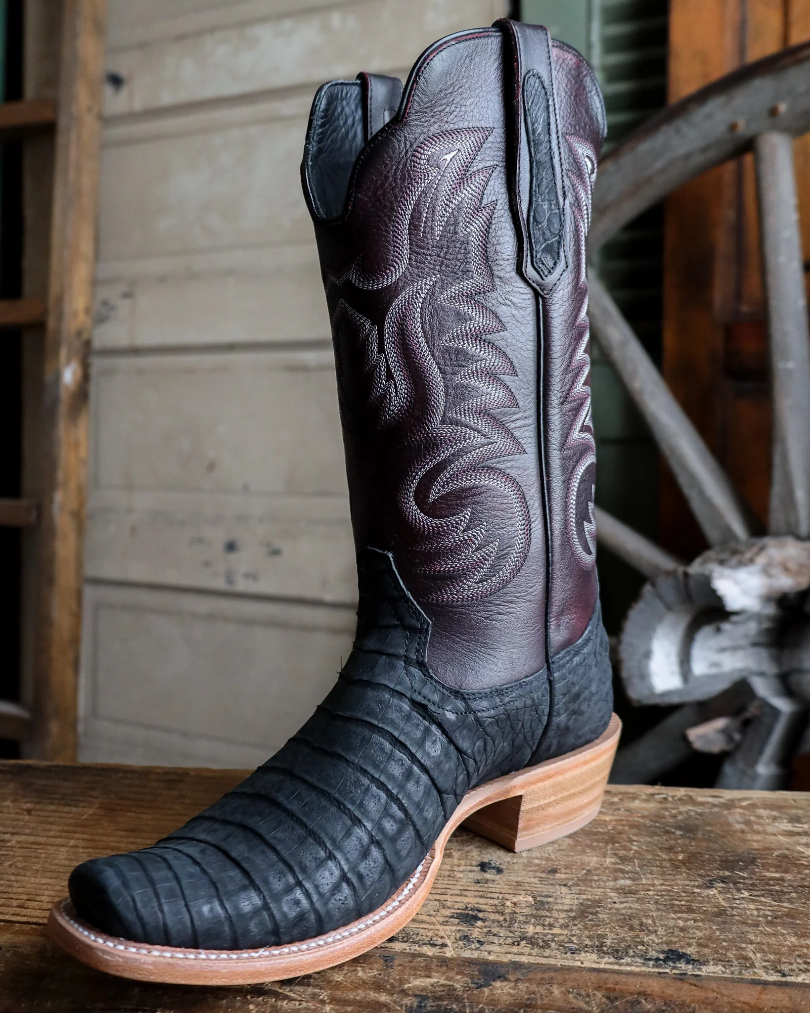 R. Watson Men's Nubuck Black Caiman Belly Cutter Toe 13" Boot - Image 5