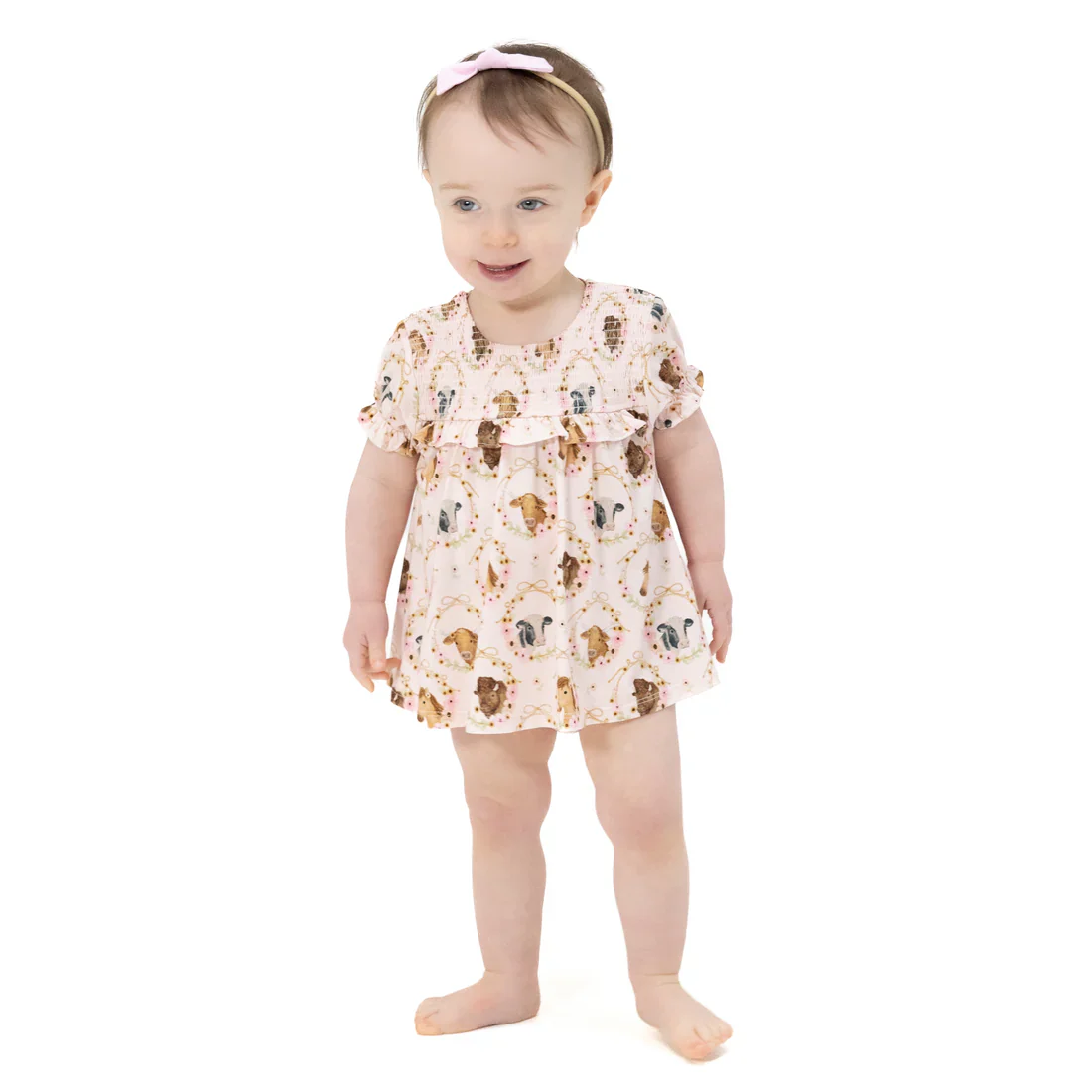 Angel Dear Farm Animals Floral Cameos Pink Smocked Ruffle Bubble with Skirt