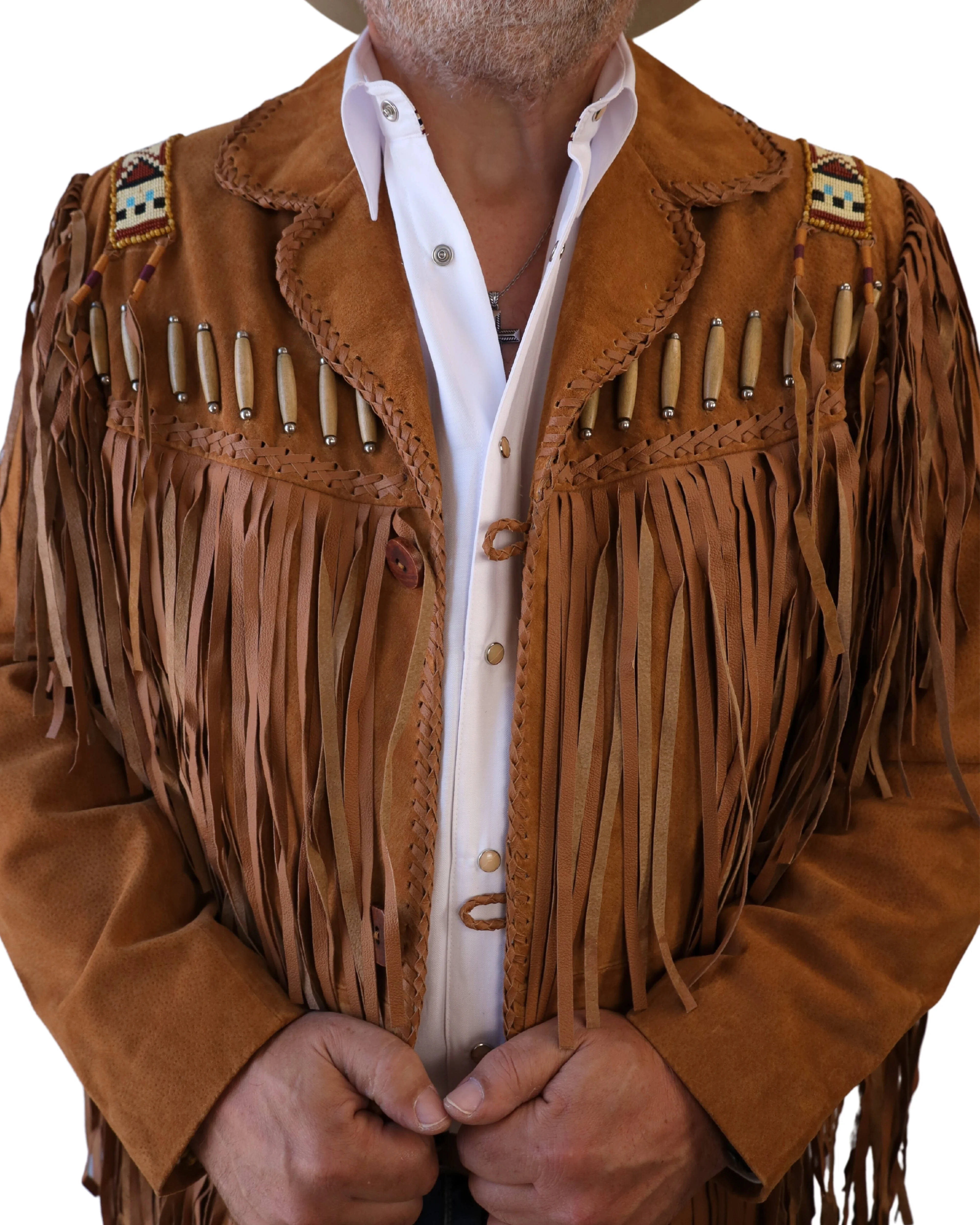 SCULLY MEN'S BONE BEAD TRIM AND FRINGE BLACK JACKET- BOURBON - Image 3