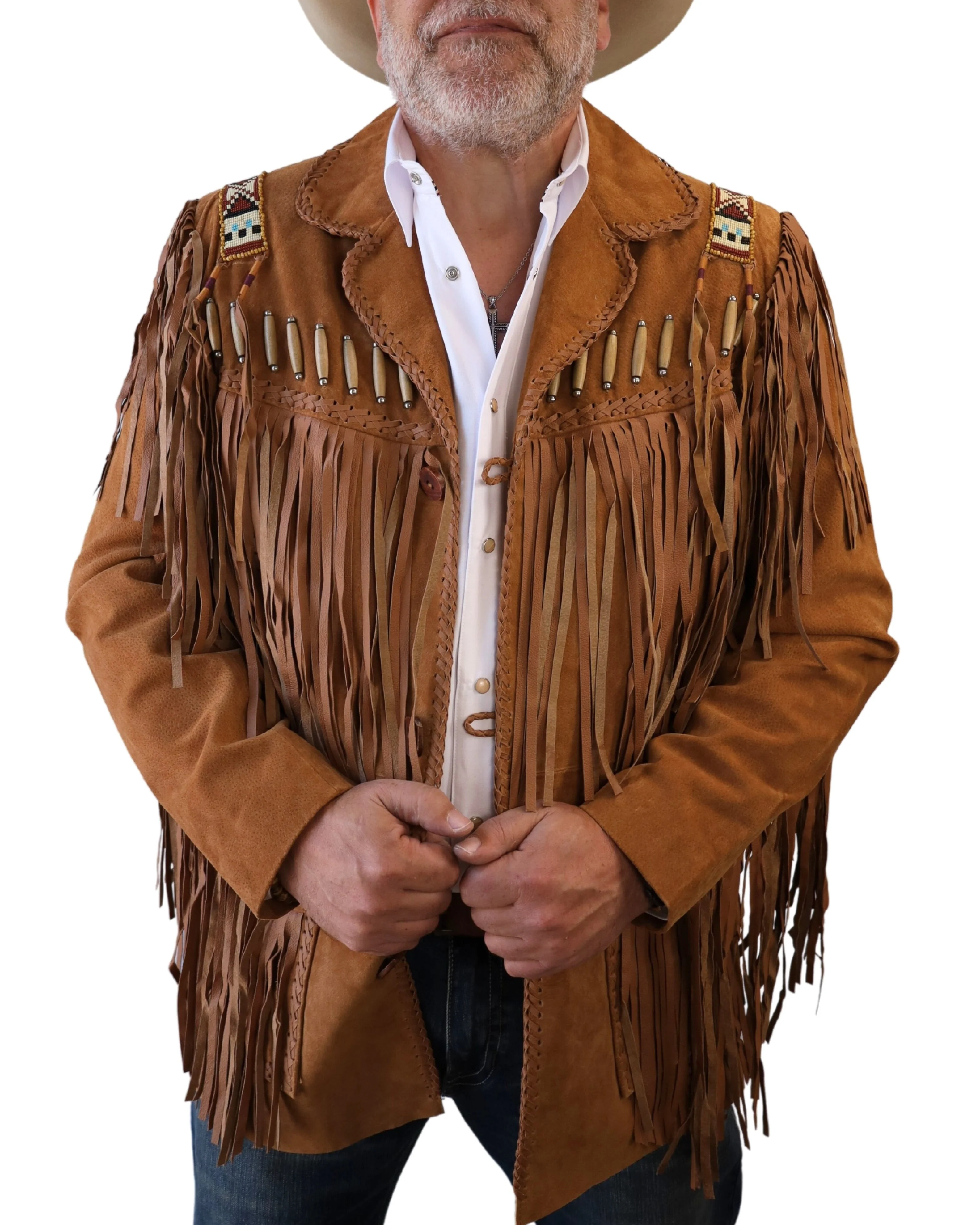 SCULLY MEN'S BONE BEAD TRIM AND FRINGE BLACK JACKET- BOURBON - Image 5