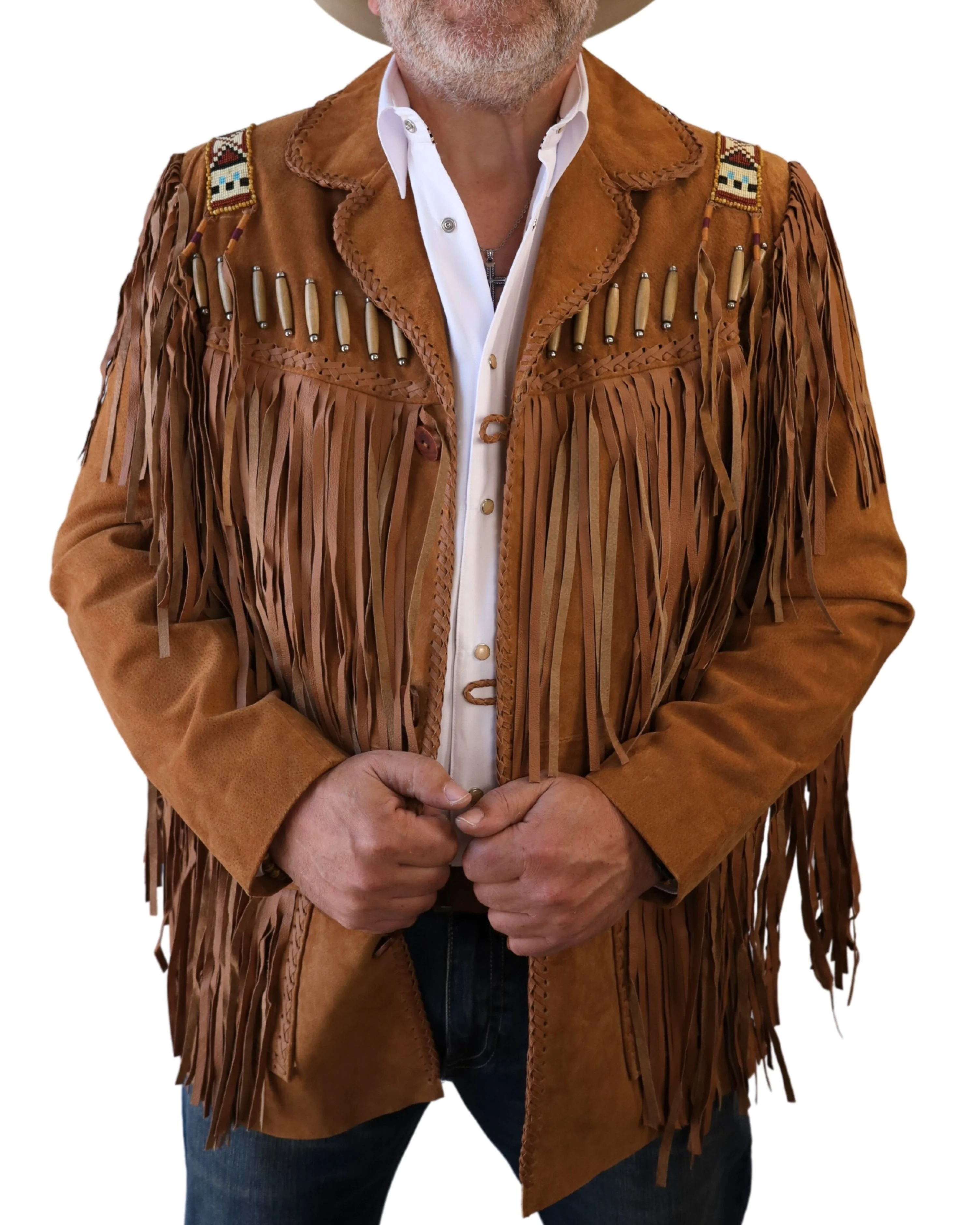 SCULLY MEN'S BONE BEAD TRIM AND FRINGE BLACK JACKET- BOURBON - Image 7