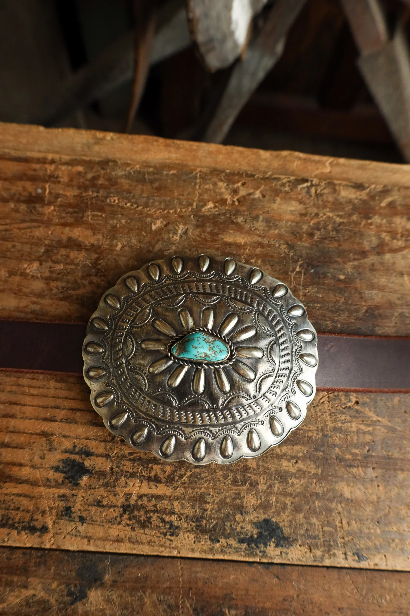 Oval With Turquoise On Brown Leather Concho Belt - Image 3