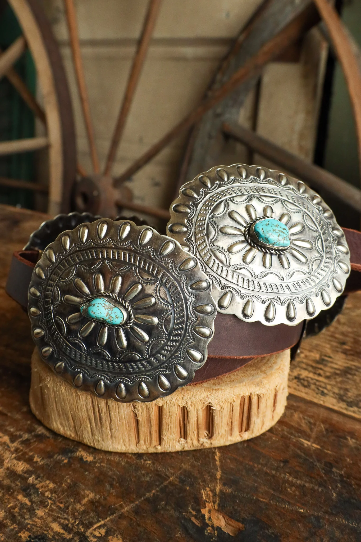 Oval With Turquoise On Brown Leather Concho Belt - Image 5