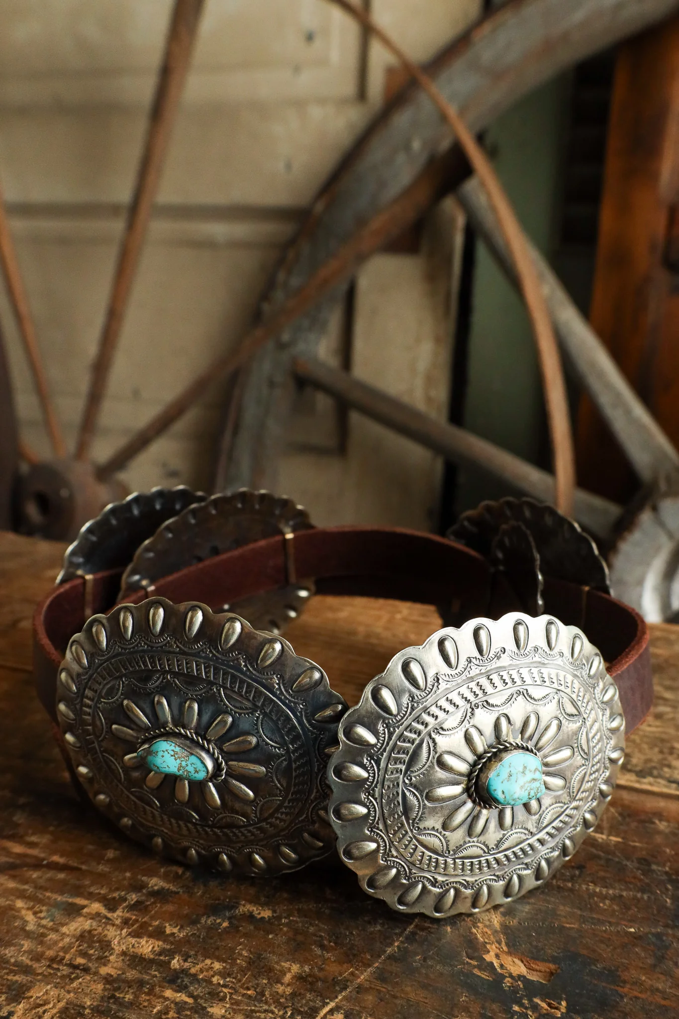 Oval With Turquoise On Brown Leather Concho Belt - Image 6