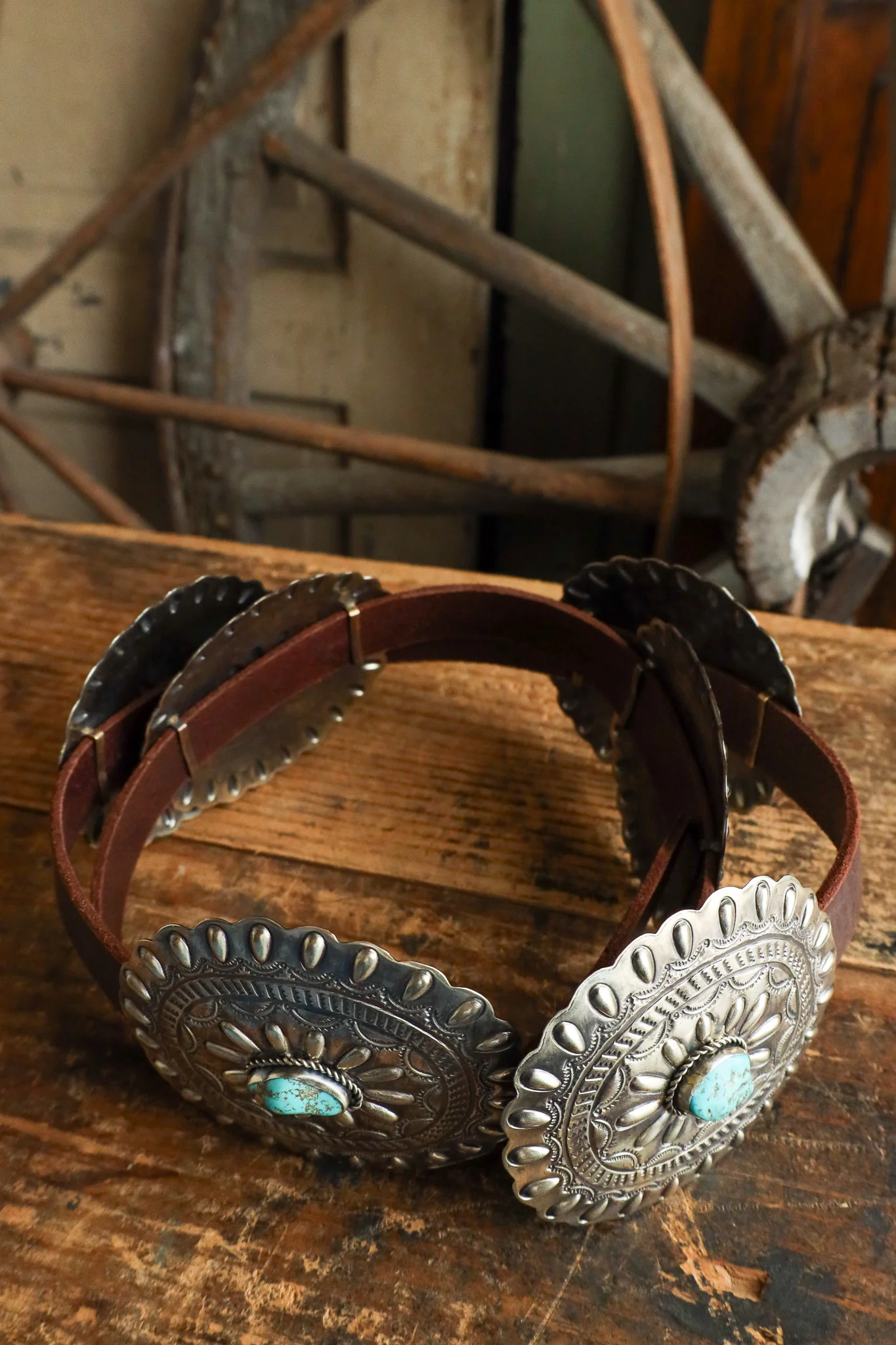 Oval With Turquoise On Brown Leather Concho Belt - Image 7