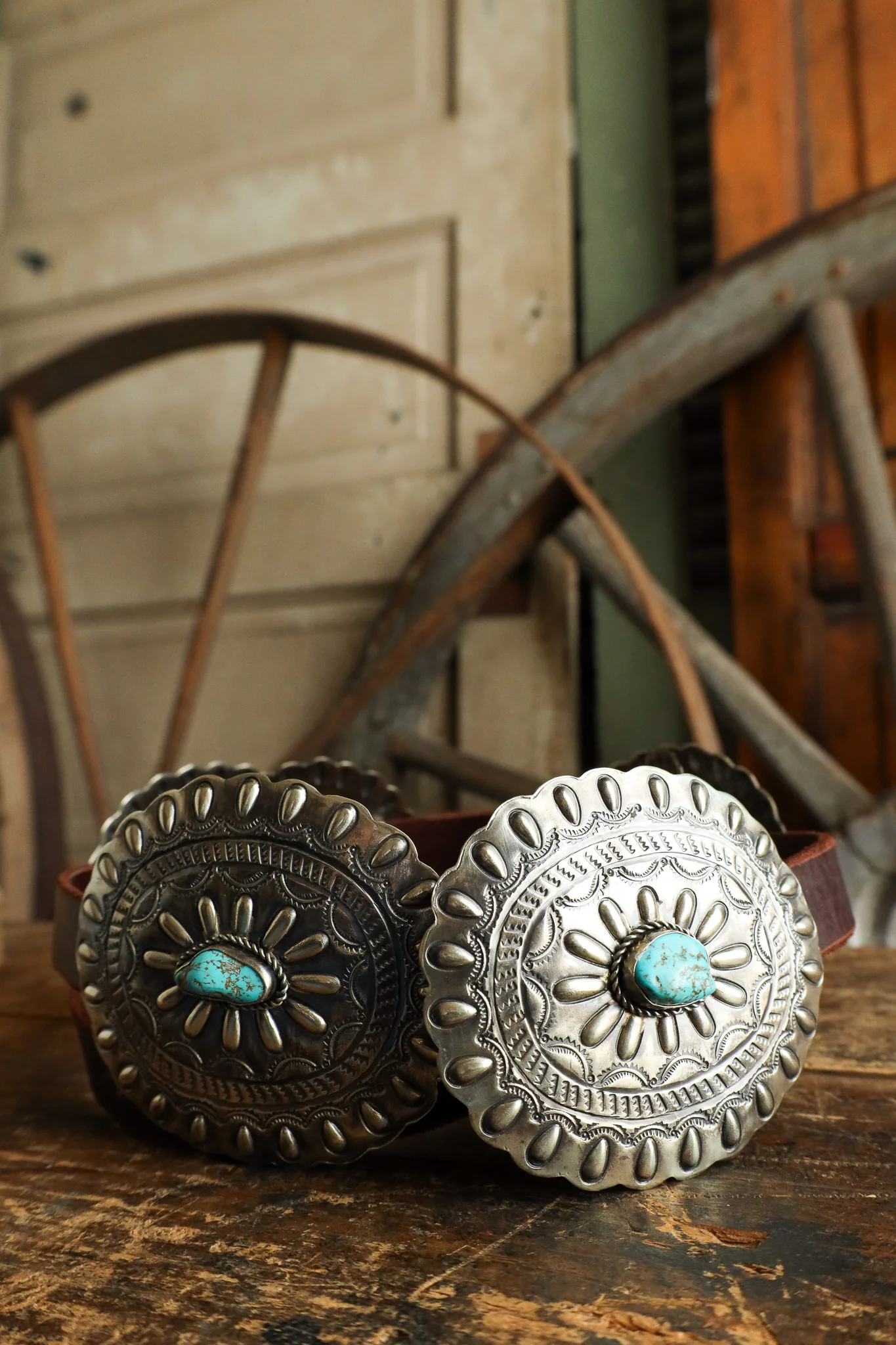 Oval With Turquoise On Brown Leather Concho Belt - Image 8