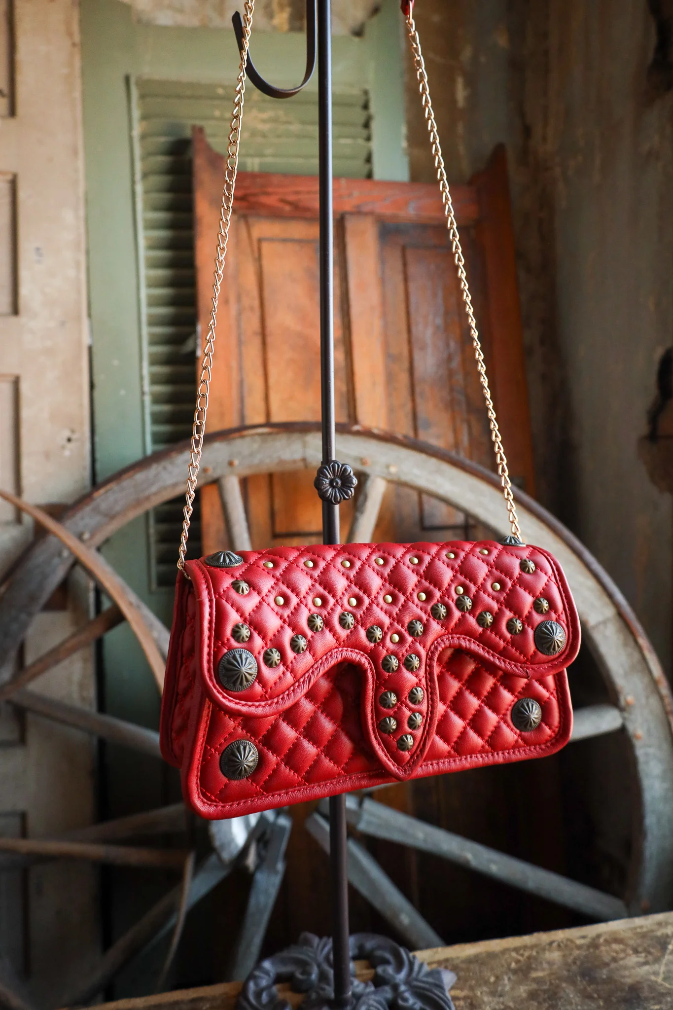 American Darling Red Quilted Leather Studs Crossbody - Image 8