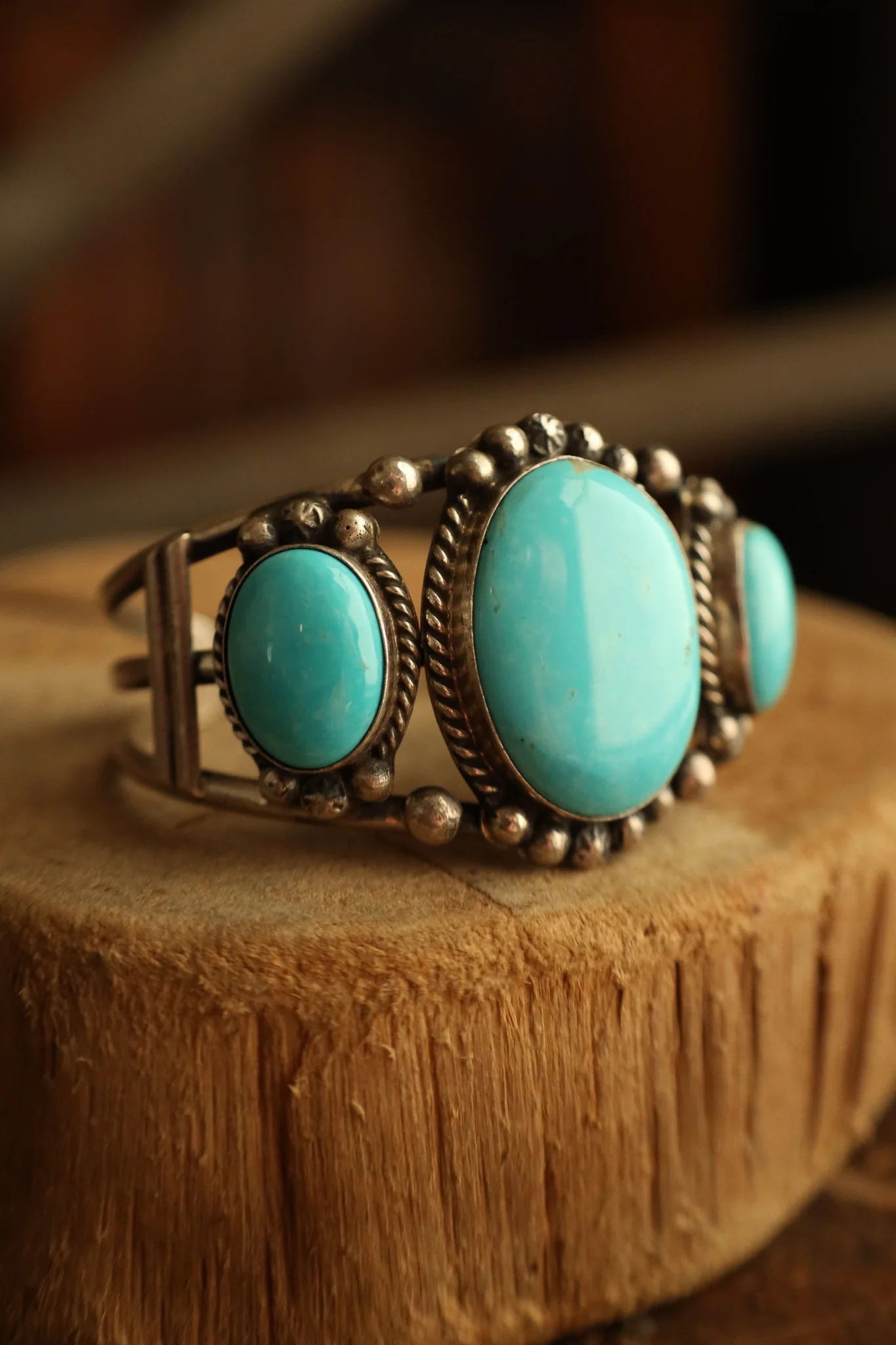 3 Kingman Turquoise Sterling Silver Dots Open Cuff - Image 2