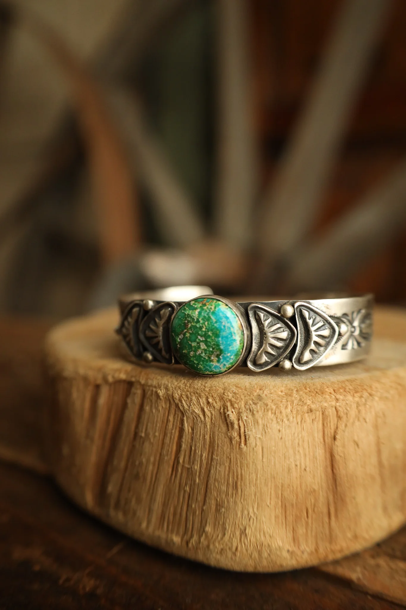 Round Turquoise Mottled With Fancy Band Cuff - Image 6