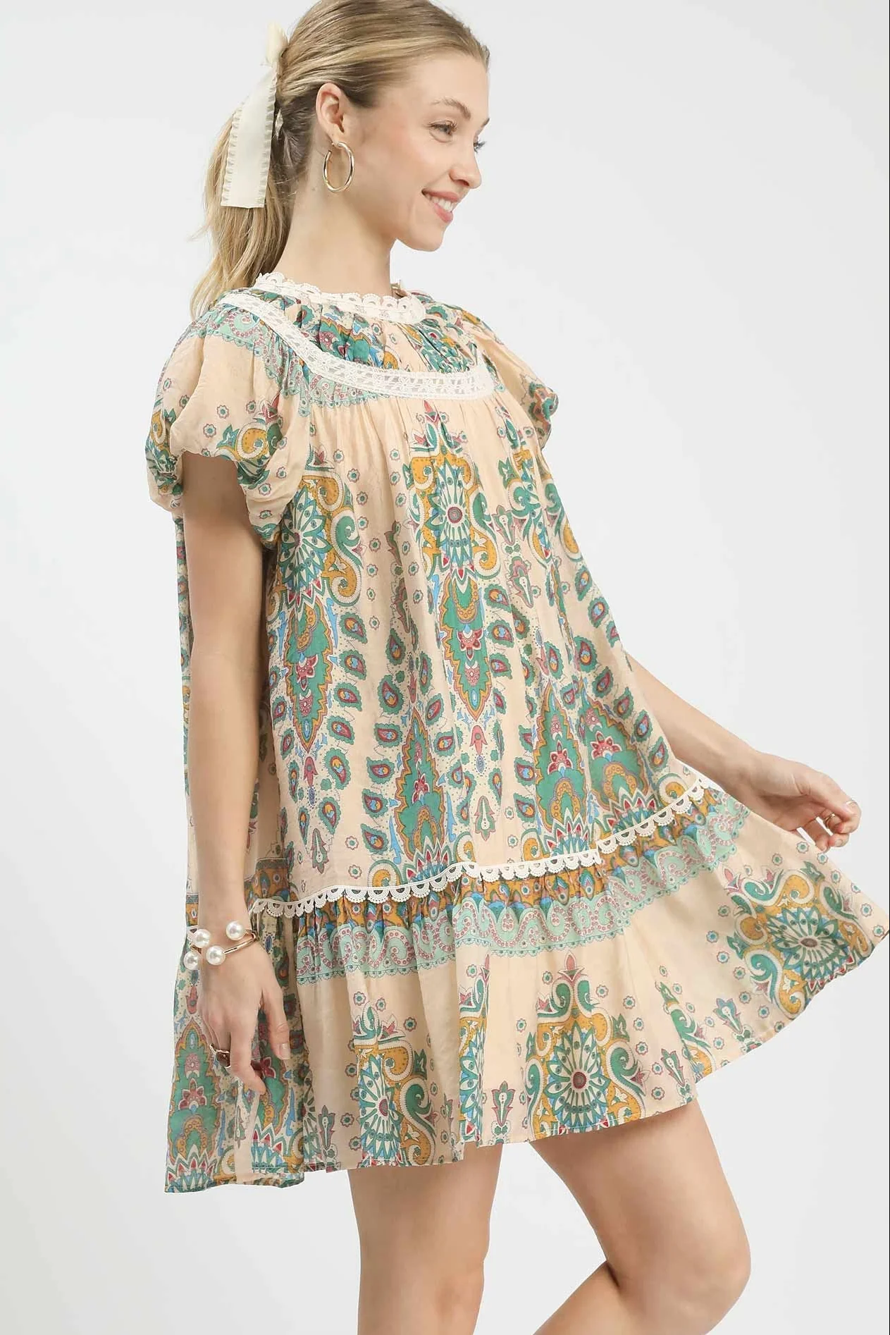 Umgee Mix Paisley Babydoll Dress with Lace Trim - Image 3
