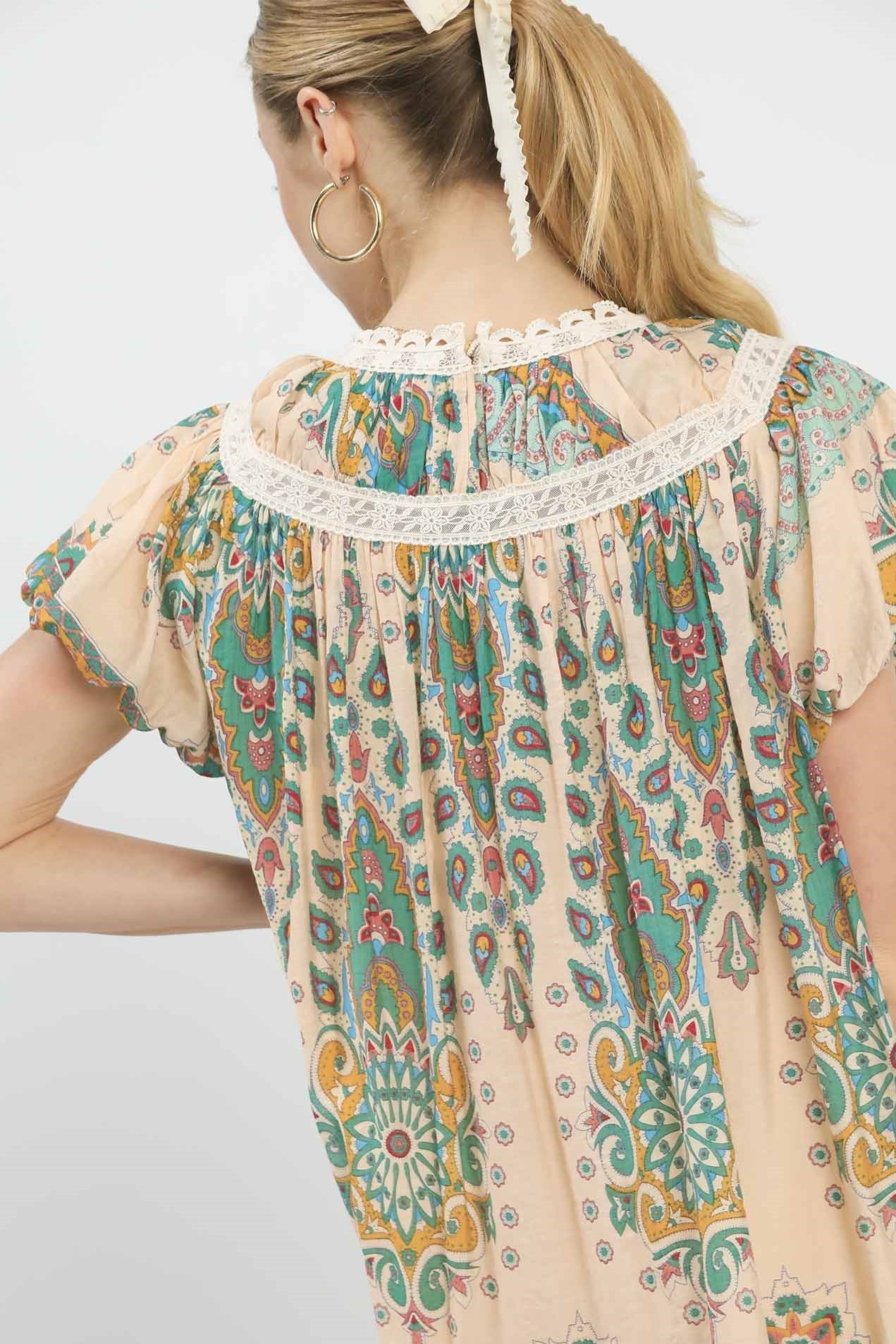 Umgee Mix Paisley Babydoll Dress with Lace Trim - Image 4
