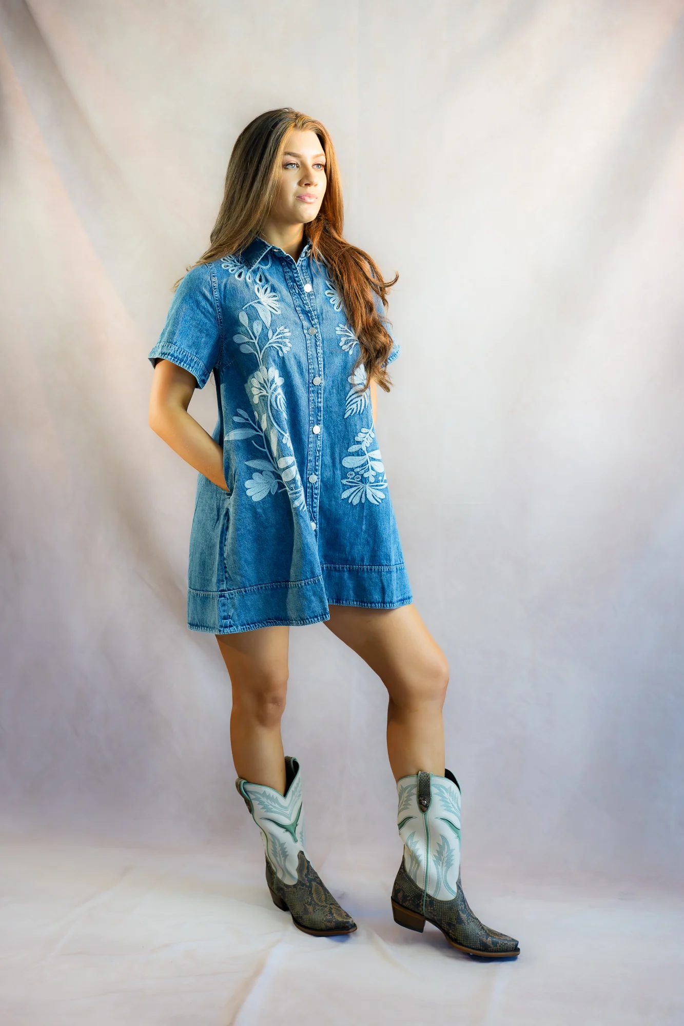 Adore Denim Embroidered Floral Dress - Image 3