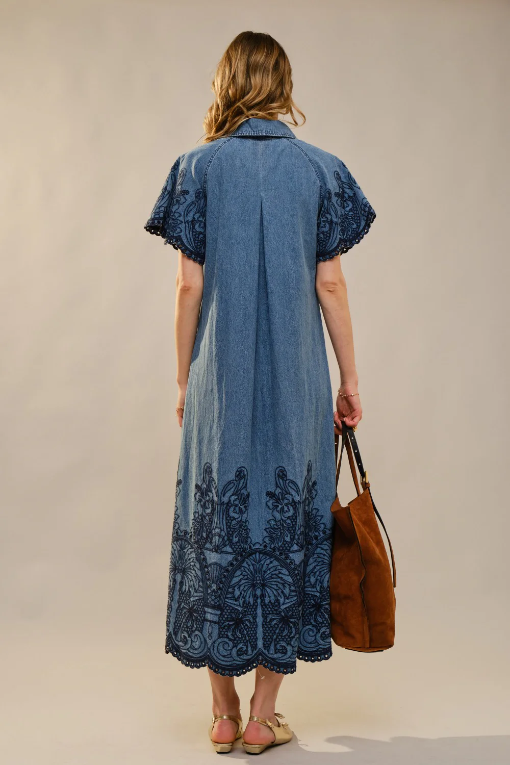 Blue B Embroidered Scallop Edge Denim Maxi Dress - Image 3
