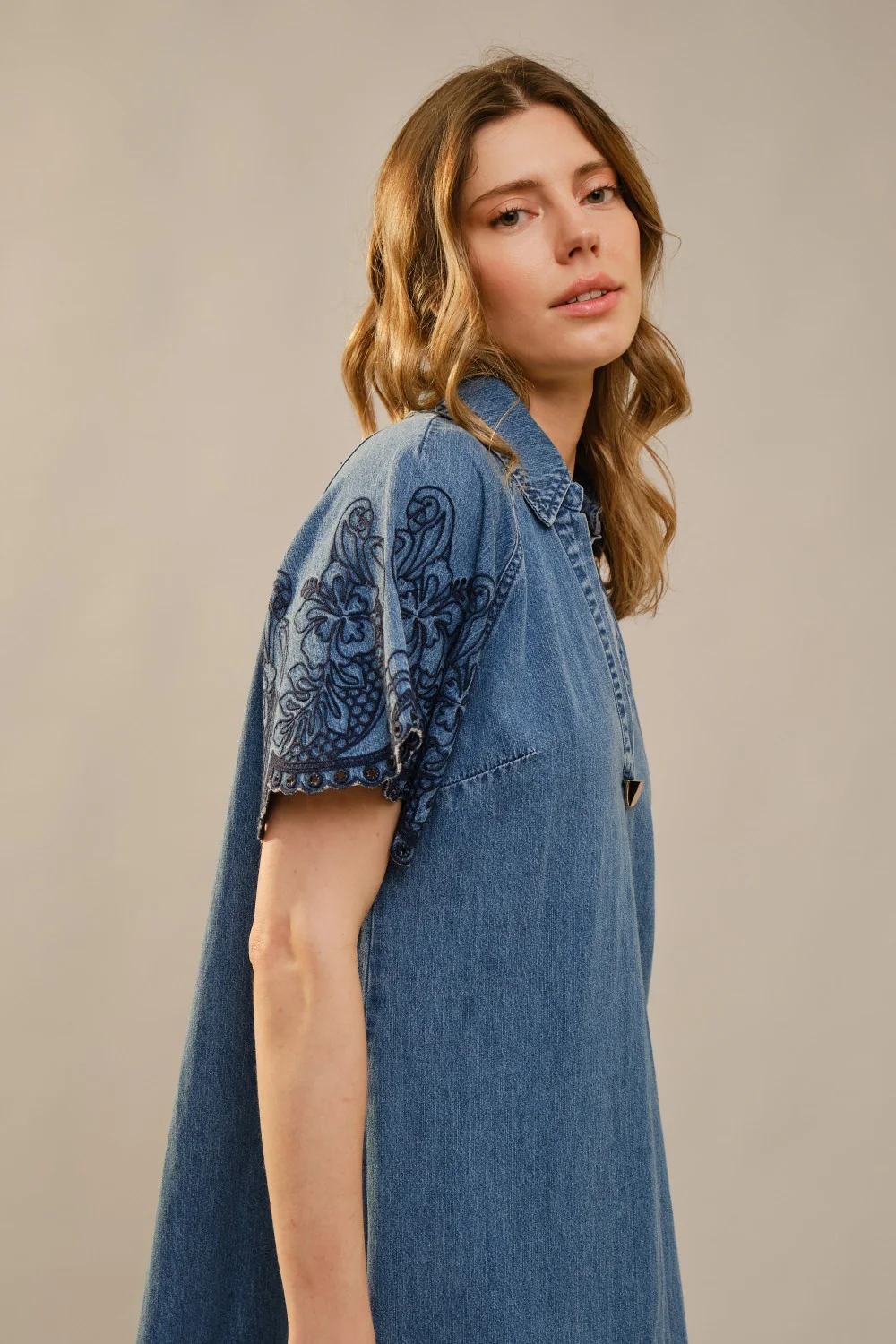 Blue B Embroidered Scallop Edge Denim Maxi Dress - Image 6