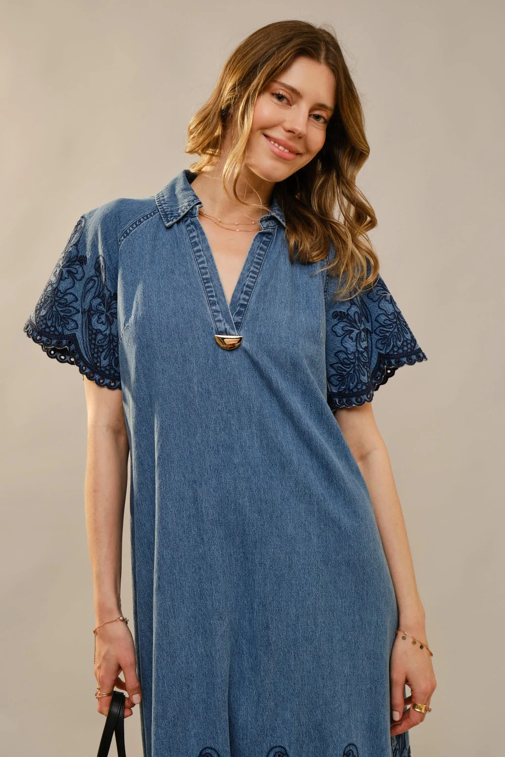 Blue B Embroidered Scallop Edge Denim Maxi Dress - Image 7