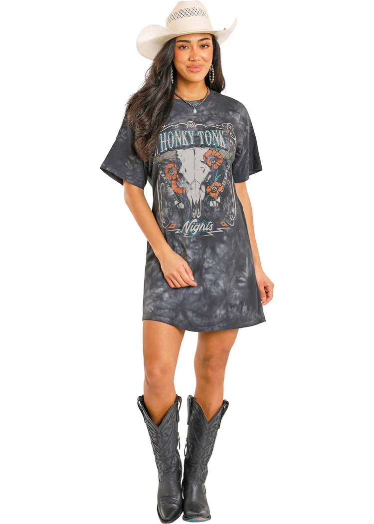 Rock & Roll Distressed Honky Tonk Graphic T-Shirt Dress