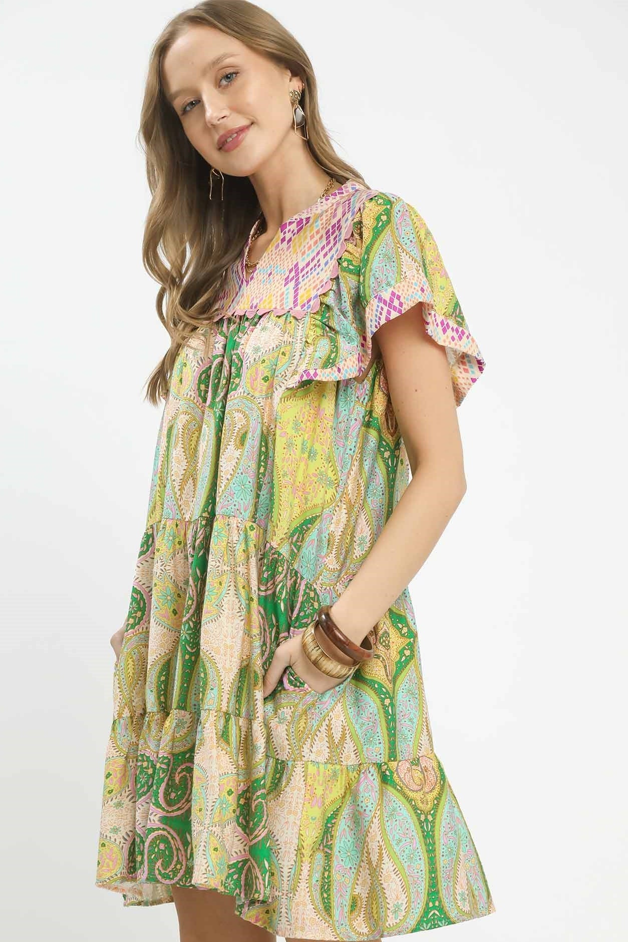 Umgee Mix Paisley Tiered Flutter Sleeve Boho Dress - Image 3