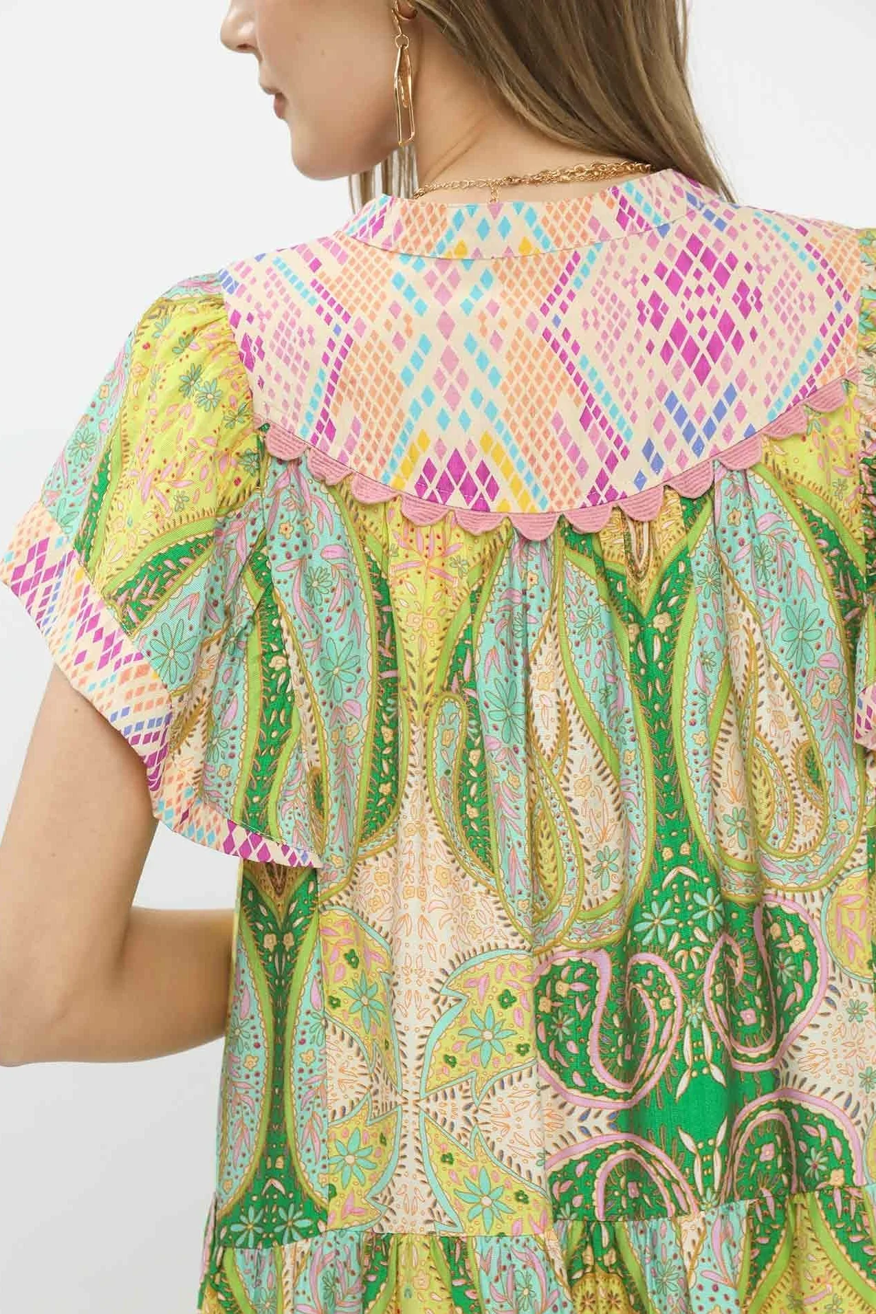 Umgee Mix Paisley Tiered Flutter Sleeve Boho Dress - Image 4