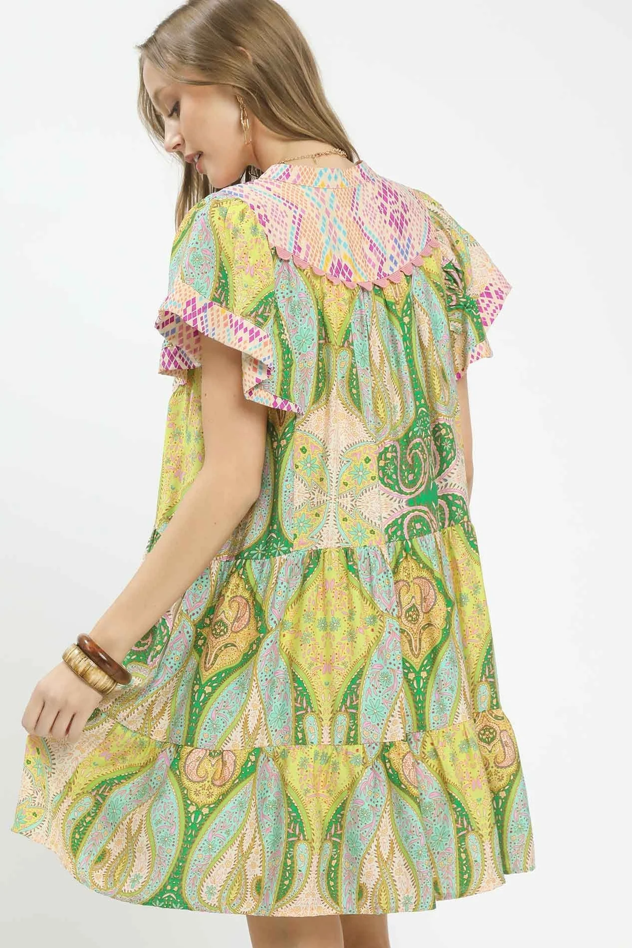 Umgee Mix Paisley Tiered Flutter Sleeve Boho Dress - Image 5
