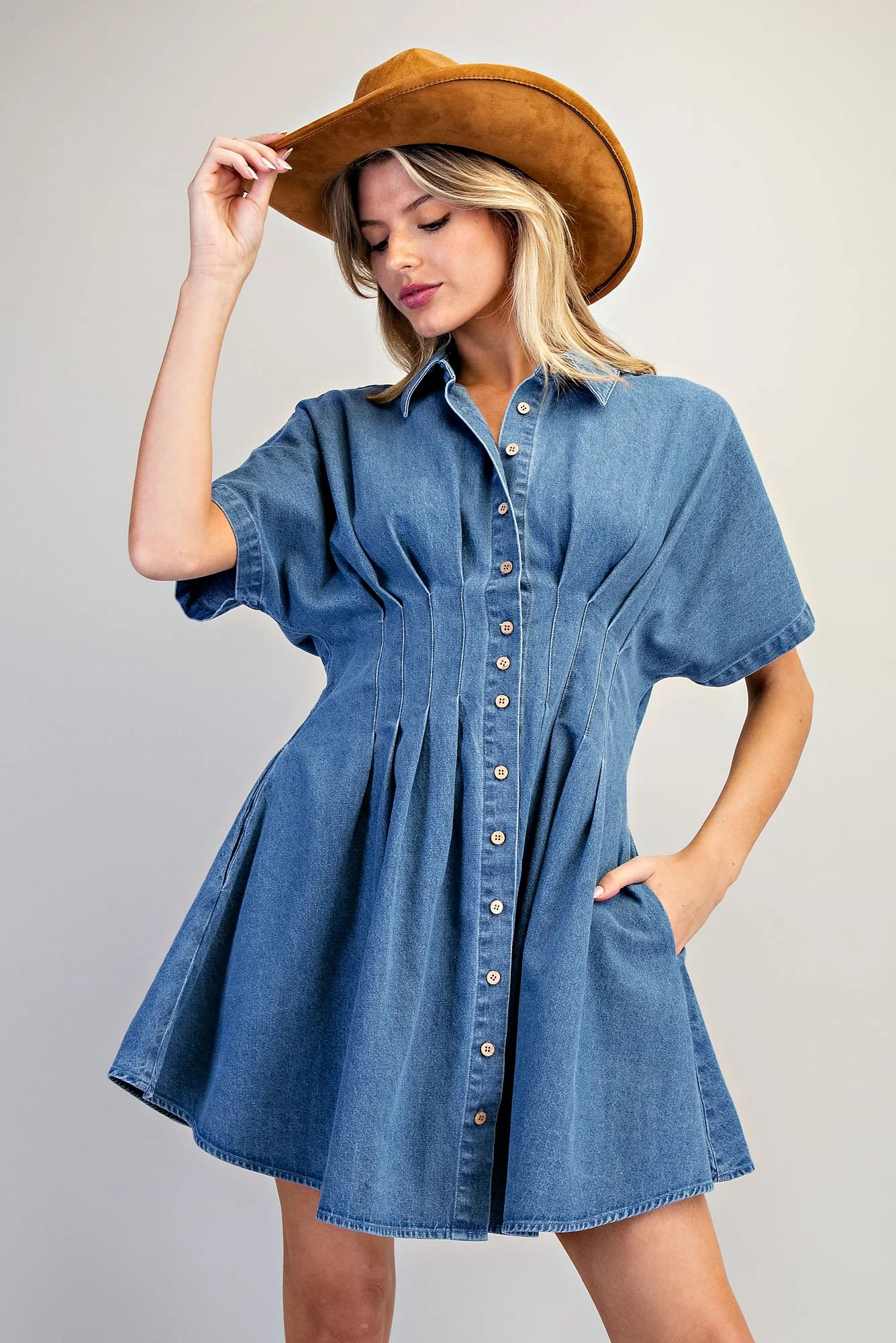 EESOME Pleated Mini Button Down Dress